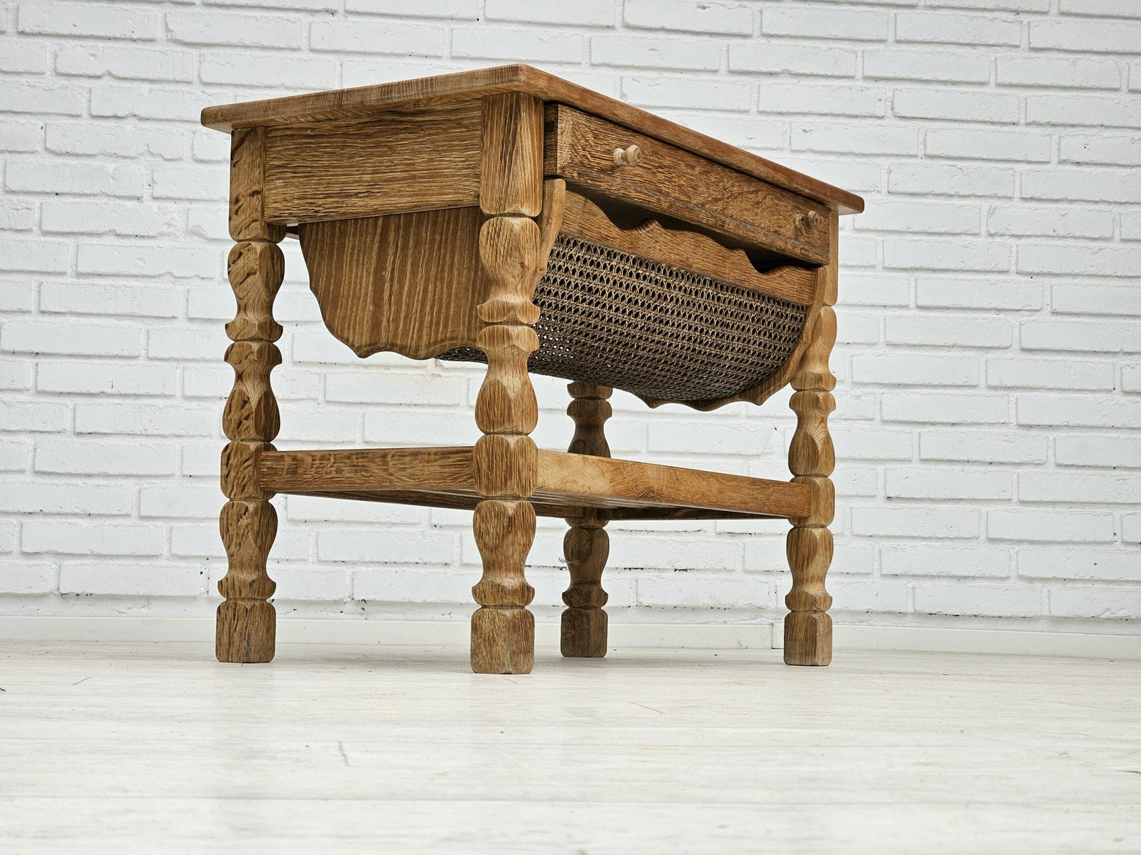 1970s, Scandinavian Sewing Table, Solid Oak Wood, Rattan. photo Furniture