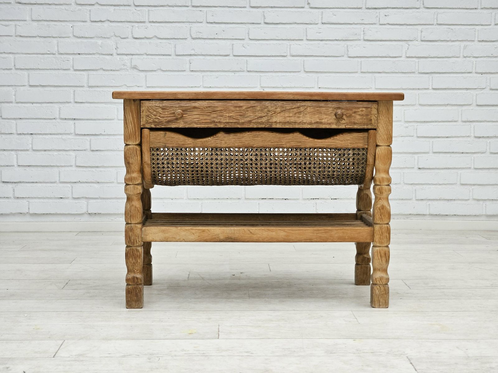 1970s, Scandinavian Sewing Table, Solid Oak Wood, Rattan. photo buy