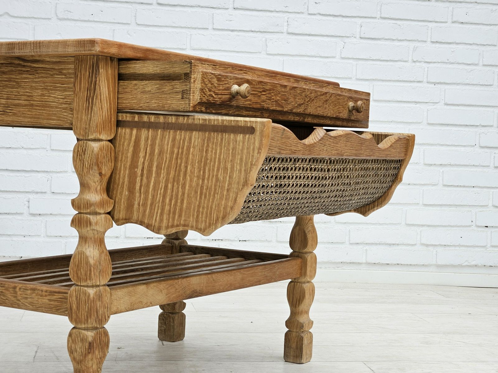 Furniture 1970s, Scandinavian Sewing Table, Solid Oak Wood, Rattan. photo
