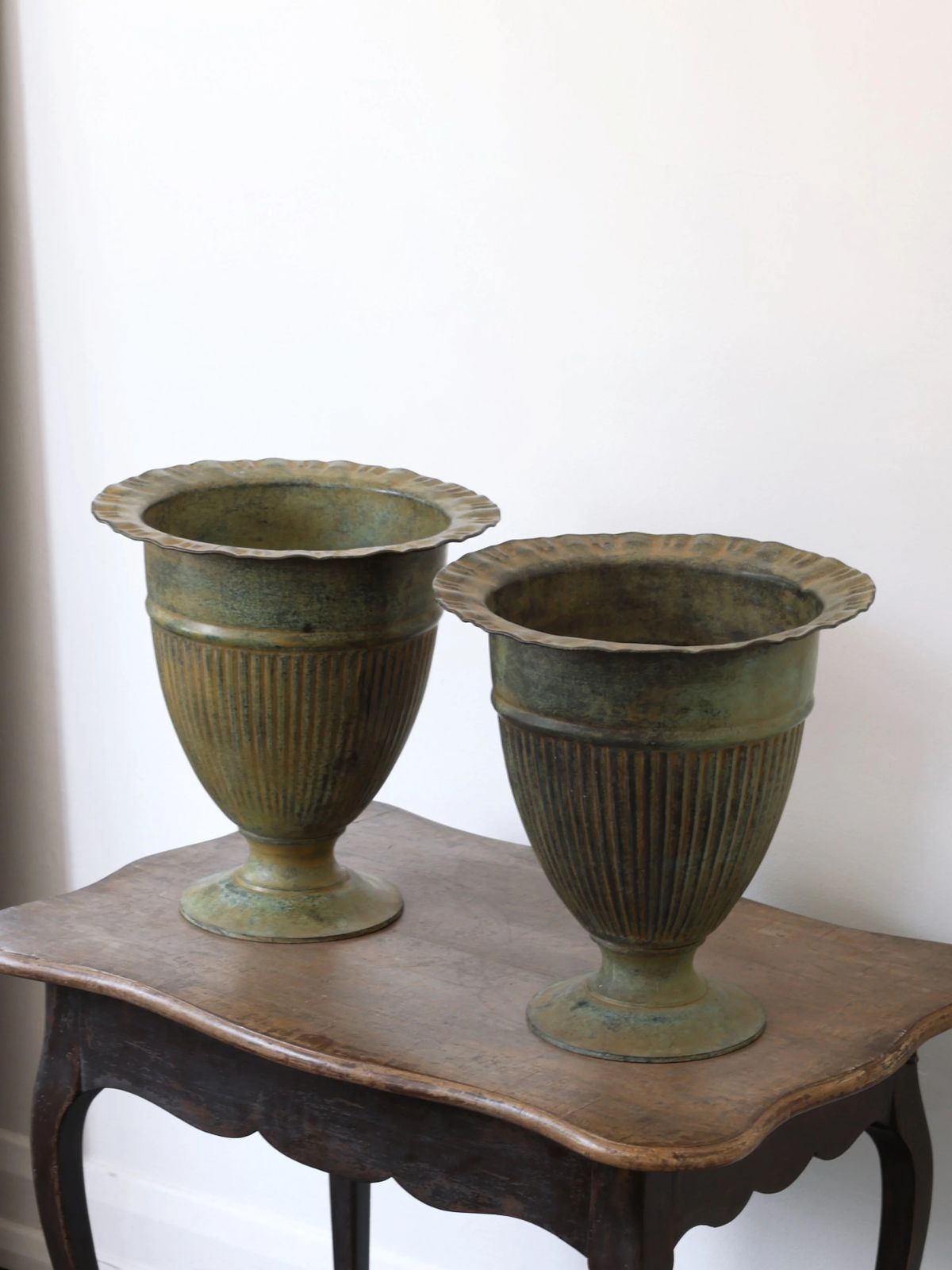 Pair Of Verdigris Brass Urn Planters / Vases