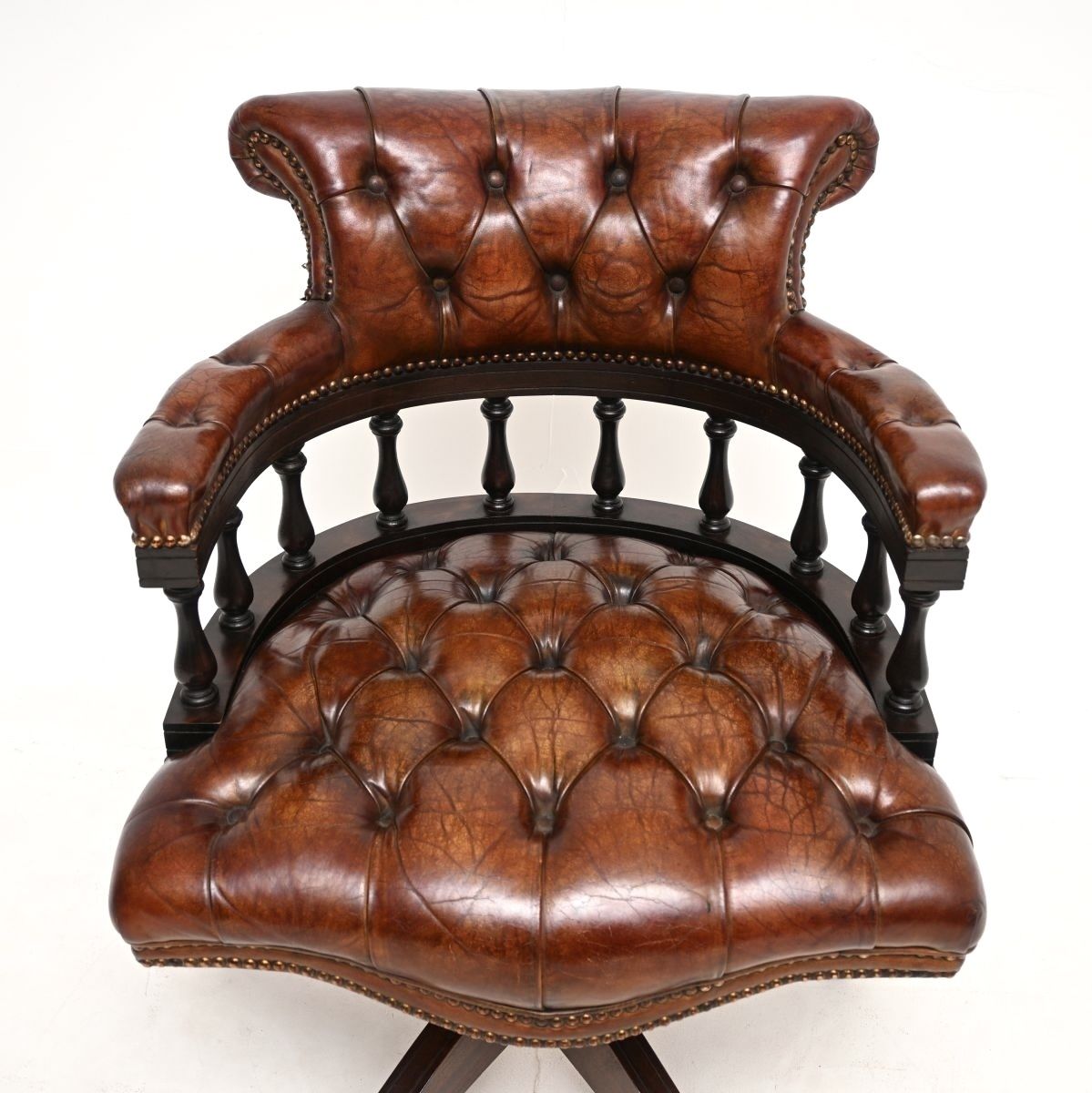 Antique Leather And Mahogany Swivel Captains Desk Chair photo for sale