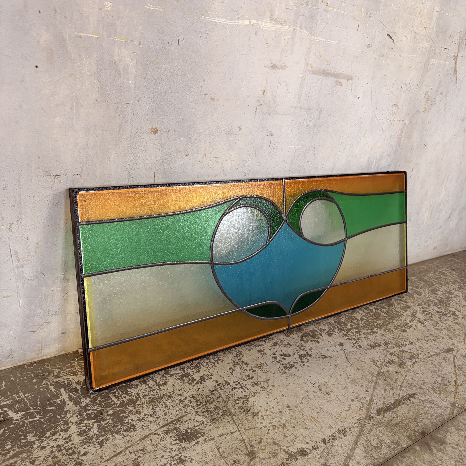 1950s Abstract Stained Glass Leaded Window Panel photo vinterior