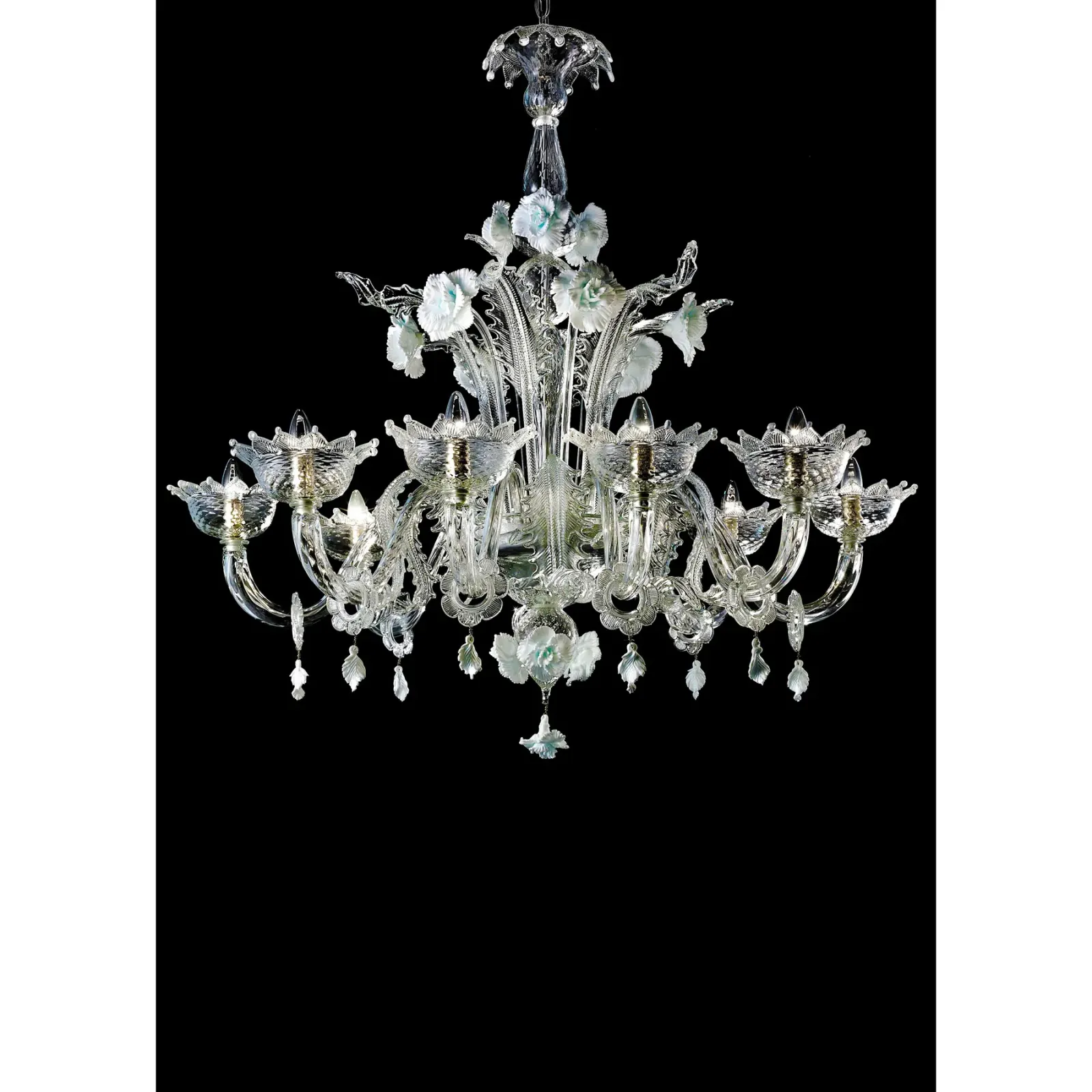 Luxury Romantic Venetian Floral Murano Glass Chandelier In White & Clear photo furniture