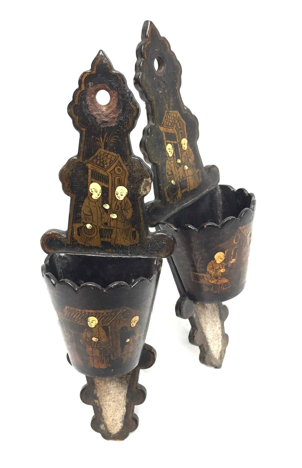 Antique Chinoiserie Paper Mache Lacquered Wall Match Stick Holder Striker 1800s photo Art