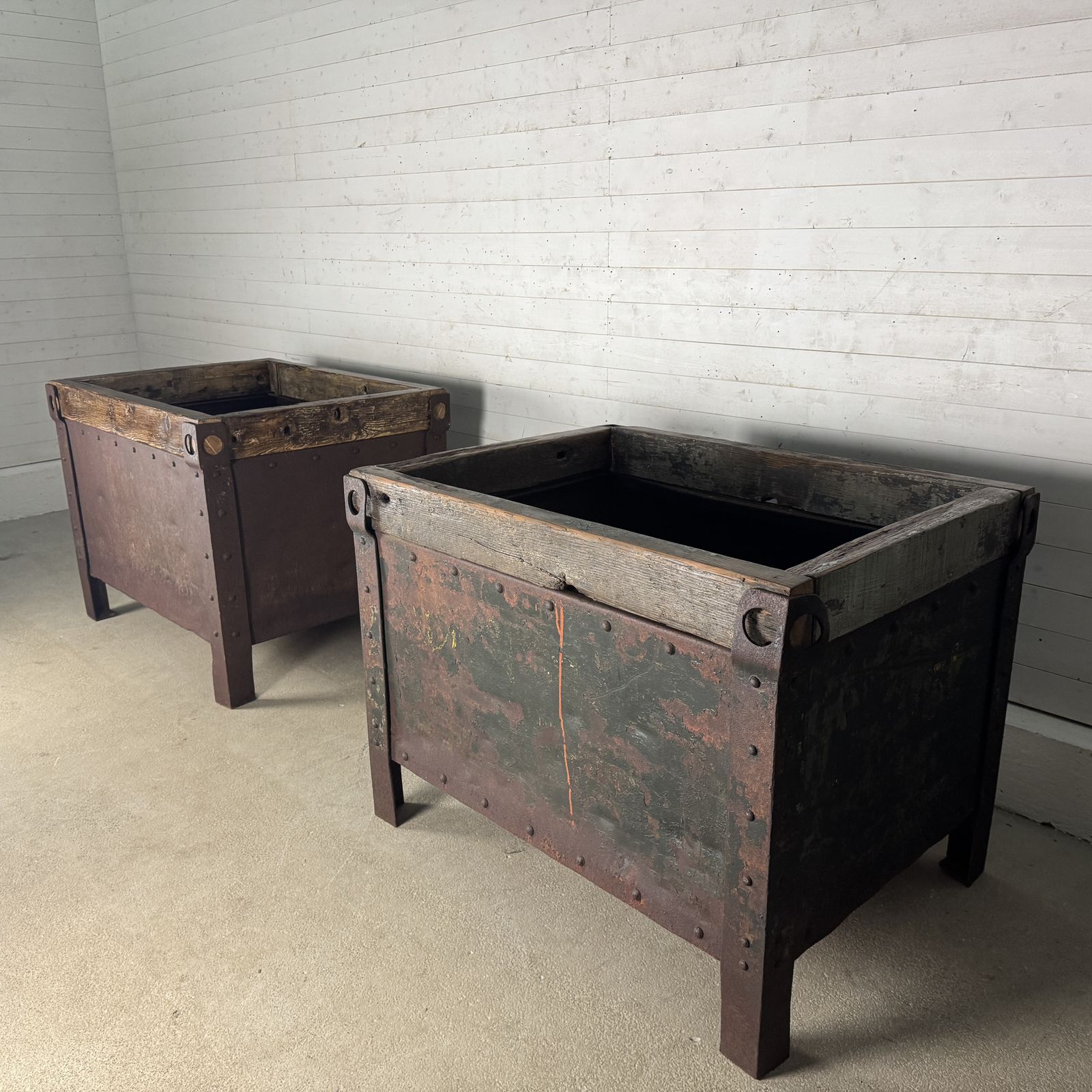 Pair Of Antique Industrial Steel Planters With Reclaimed Wood Tops