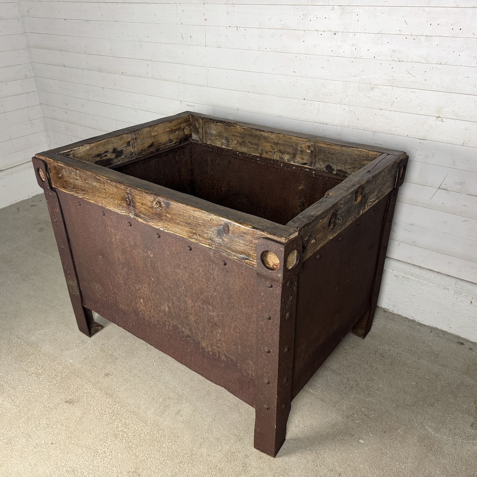 Pair Of Antique Industrial Steel Planters With Reclaimed Wood Tops photo buy