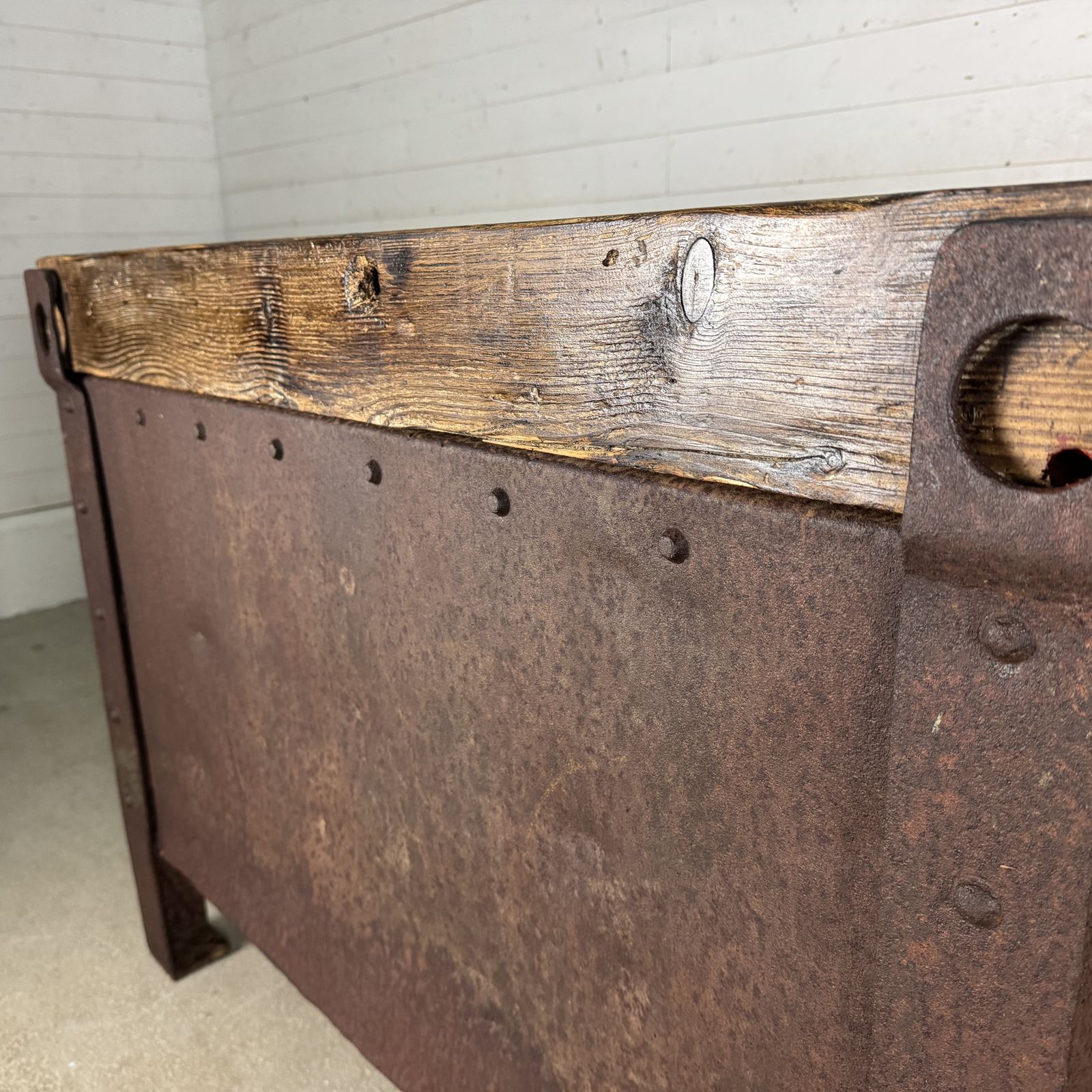 Pair Of Antique Industrial Steel Planters With Reclaimed Wood Tops photo vintage