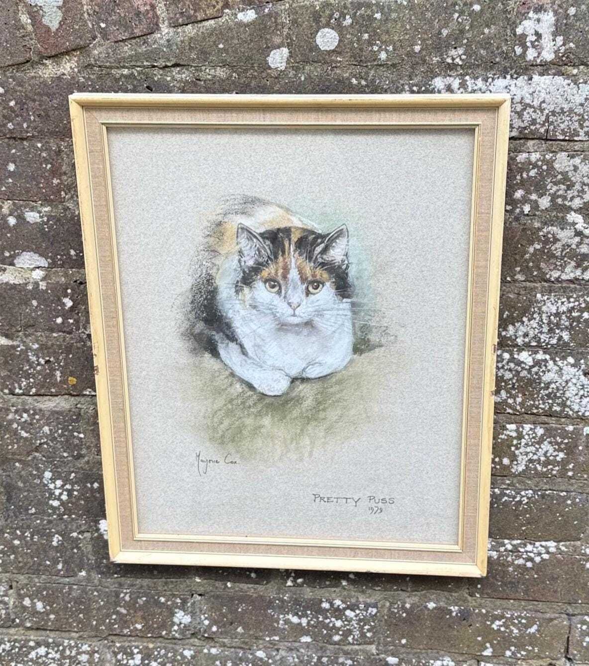 Original Marjorie Cox Pastel Portrait Of A Cat ‘Pretty Puss’ (1979) 43cm X 54cm