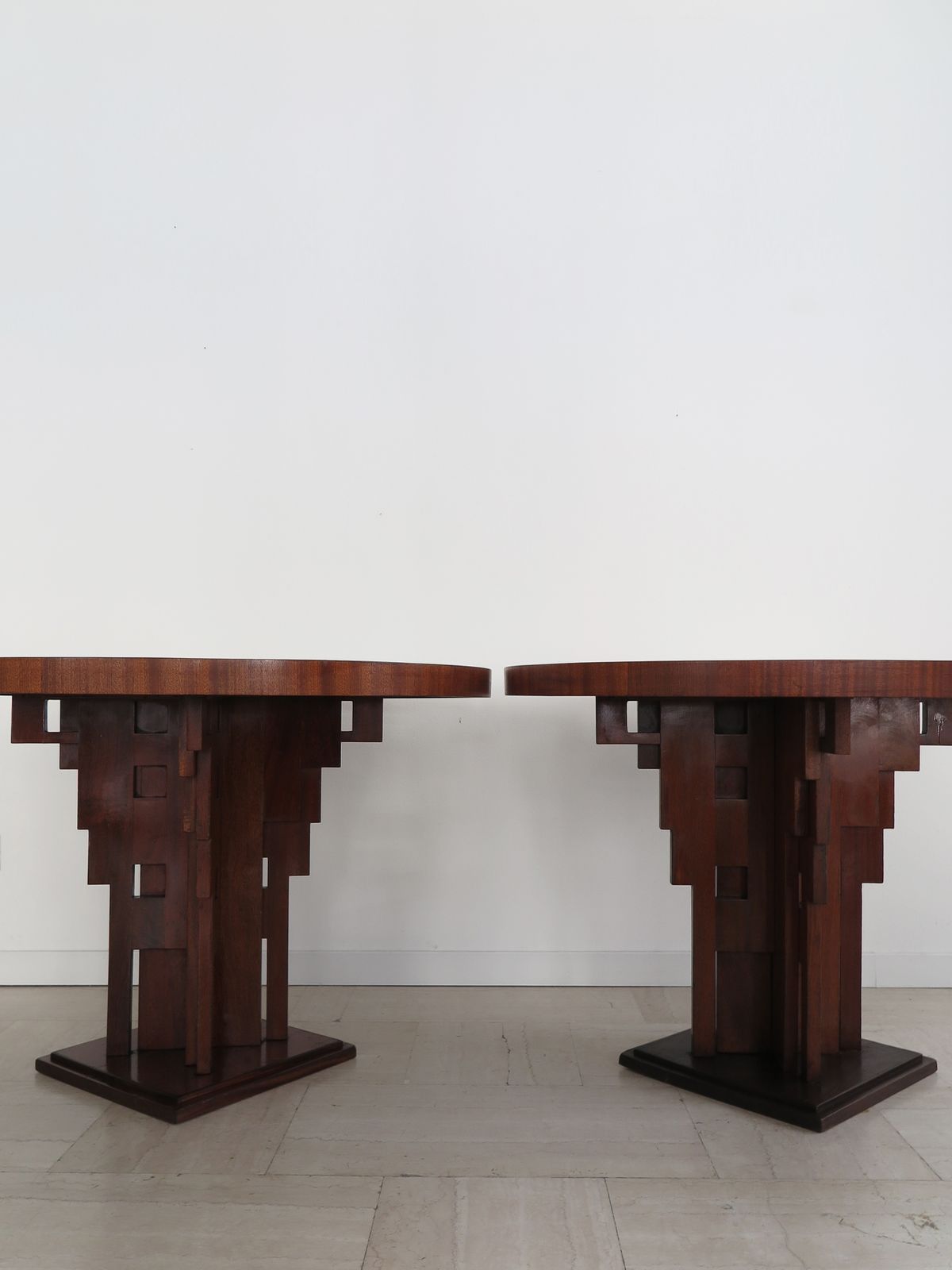 Couple Of  Burl Wood Tables Or Gueridon Art Decò With Sculptural Legs, Italy 1930s photo vinterior