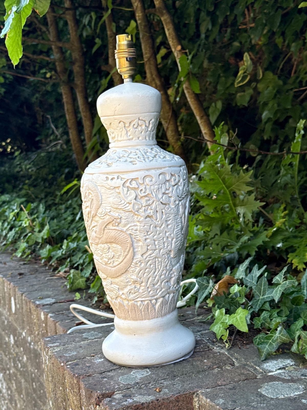 photo furniture Large Vintage Oriental Dragon Relief Table Lamp Chalk Painted Statement Piece   Working And Tested 46cm Tall