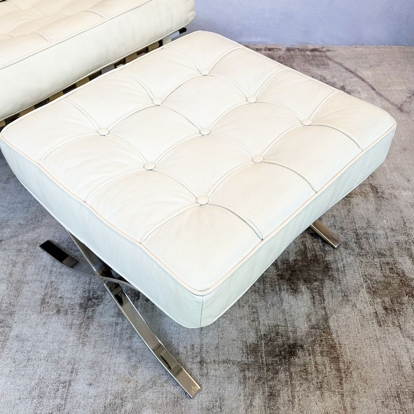 Barcelona Chair & Stool, White Leather photo vinterior