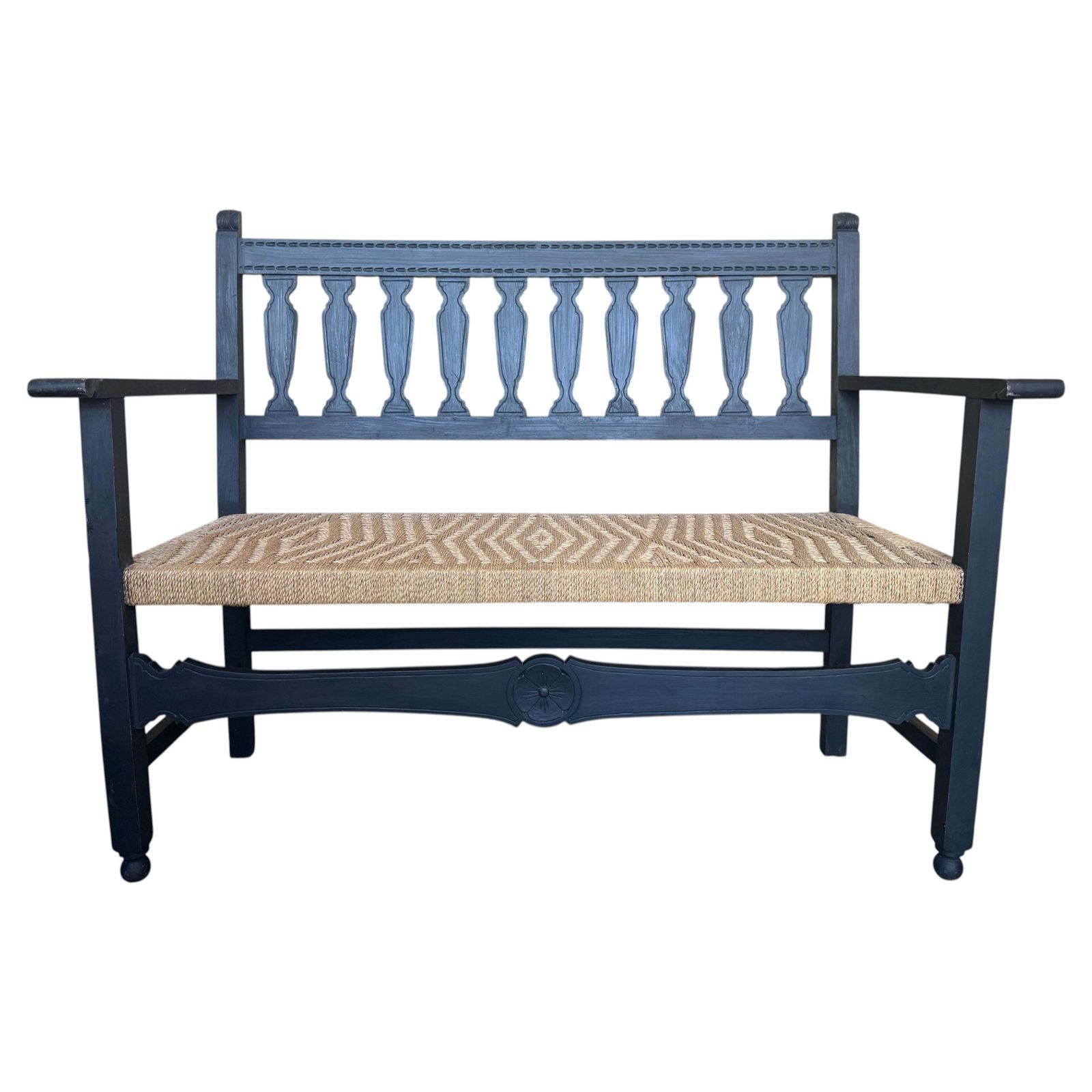 Spanish Wooden Bench With Arms And Handwoven Seat