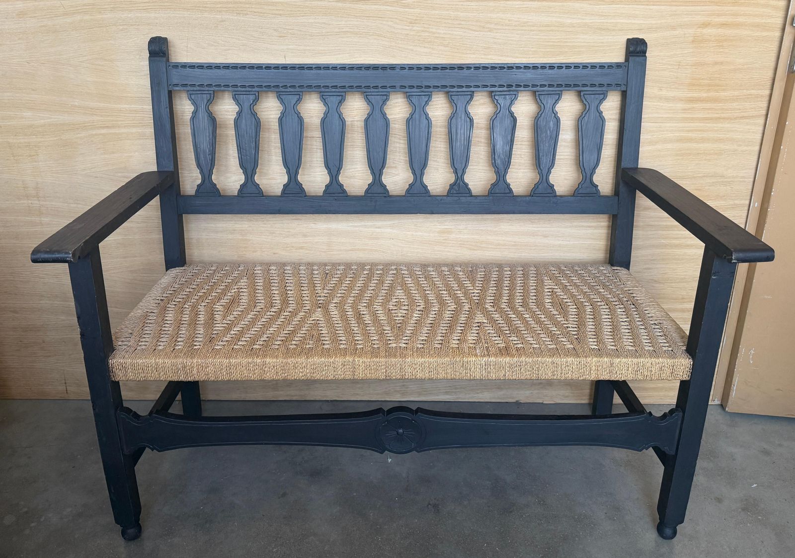 Spanish Wooden Bench With Arms And Handwoven Seat photo for sale