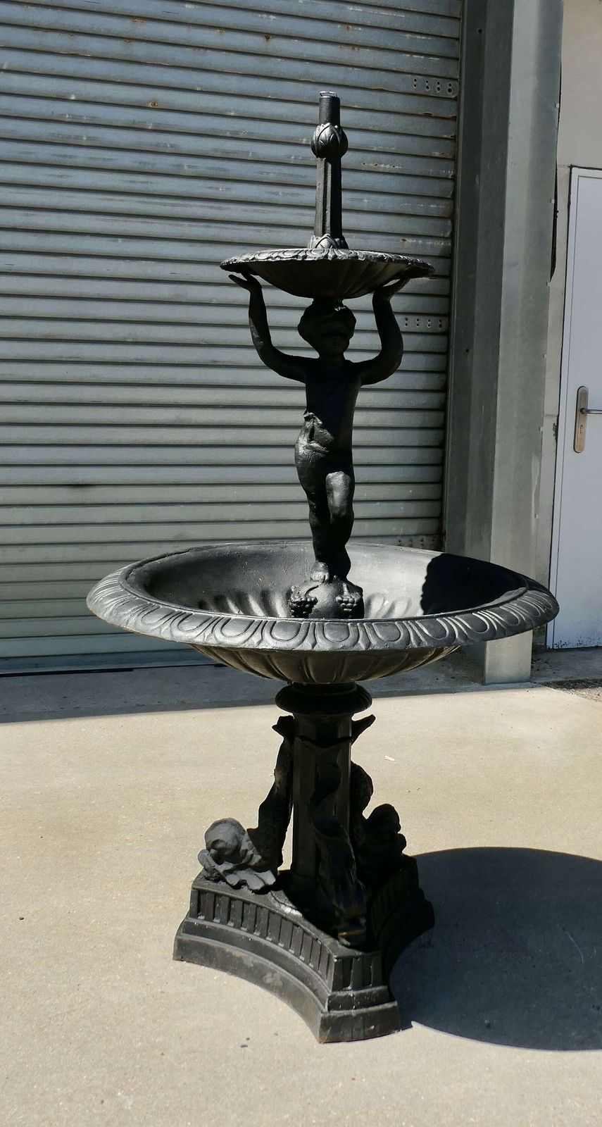 Black Cast Iron Fountain With Cherub Boy A Good Piece In A Classical Style With Dolphins