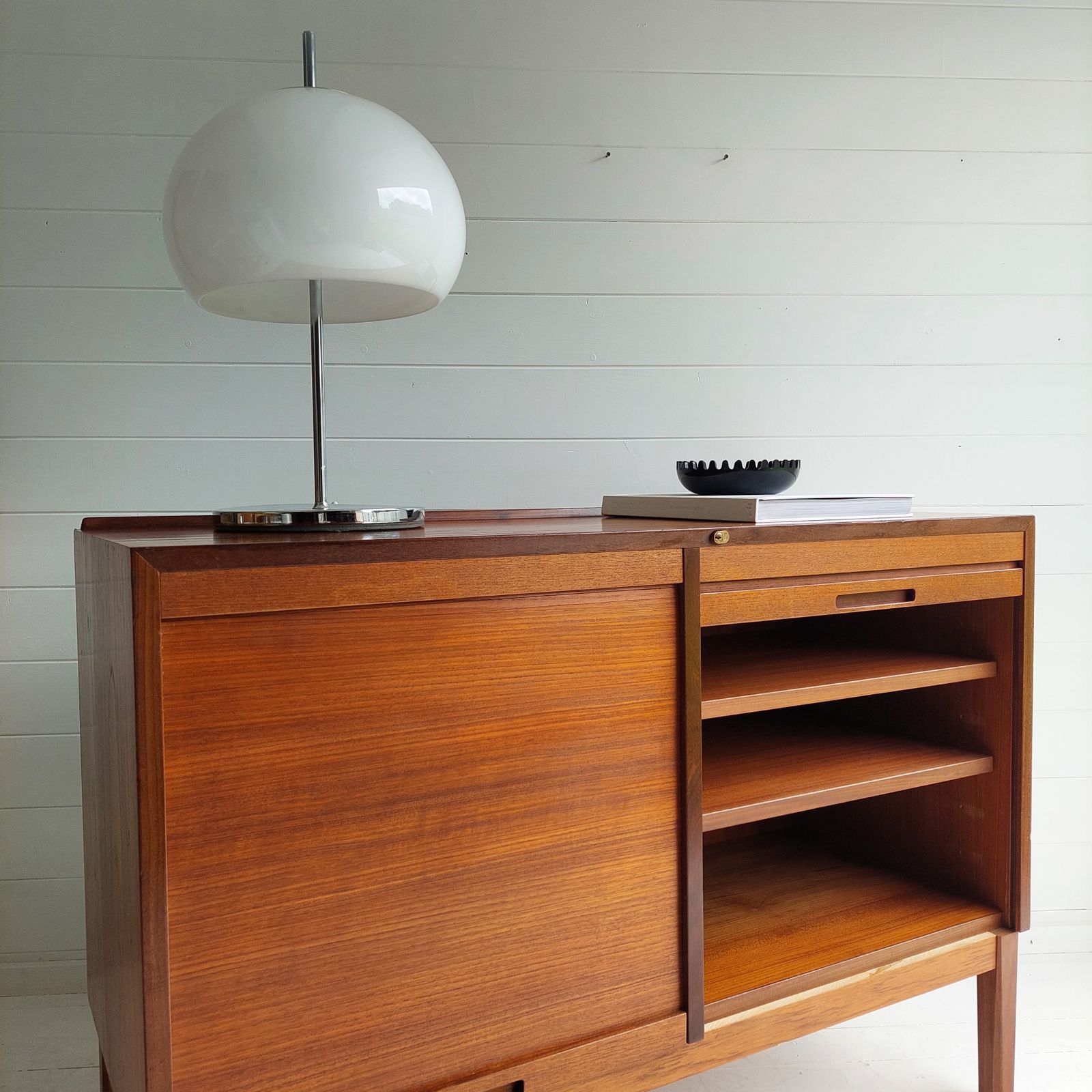 Mid Century Teak Sideboard Tambour Shutter 2 Door Cabinet, Denmark 60s 70s photo furniture