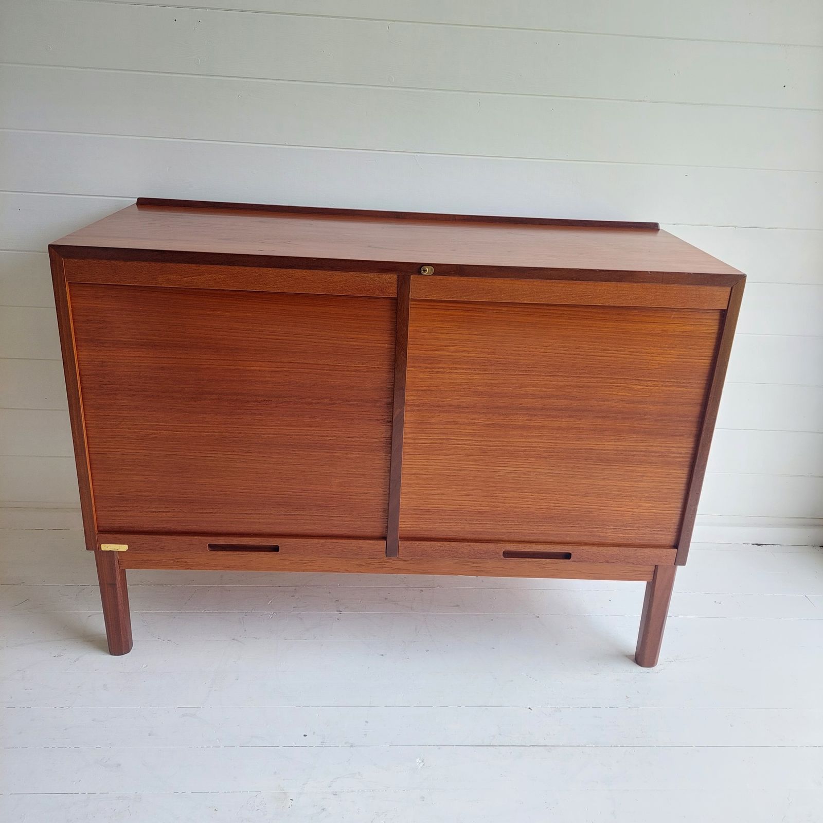 photo vinterior Mid Century Teak Sideboard Tambour Shutter 2 Door Cabinet, Denmark 60s 70s