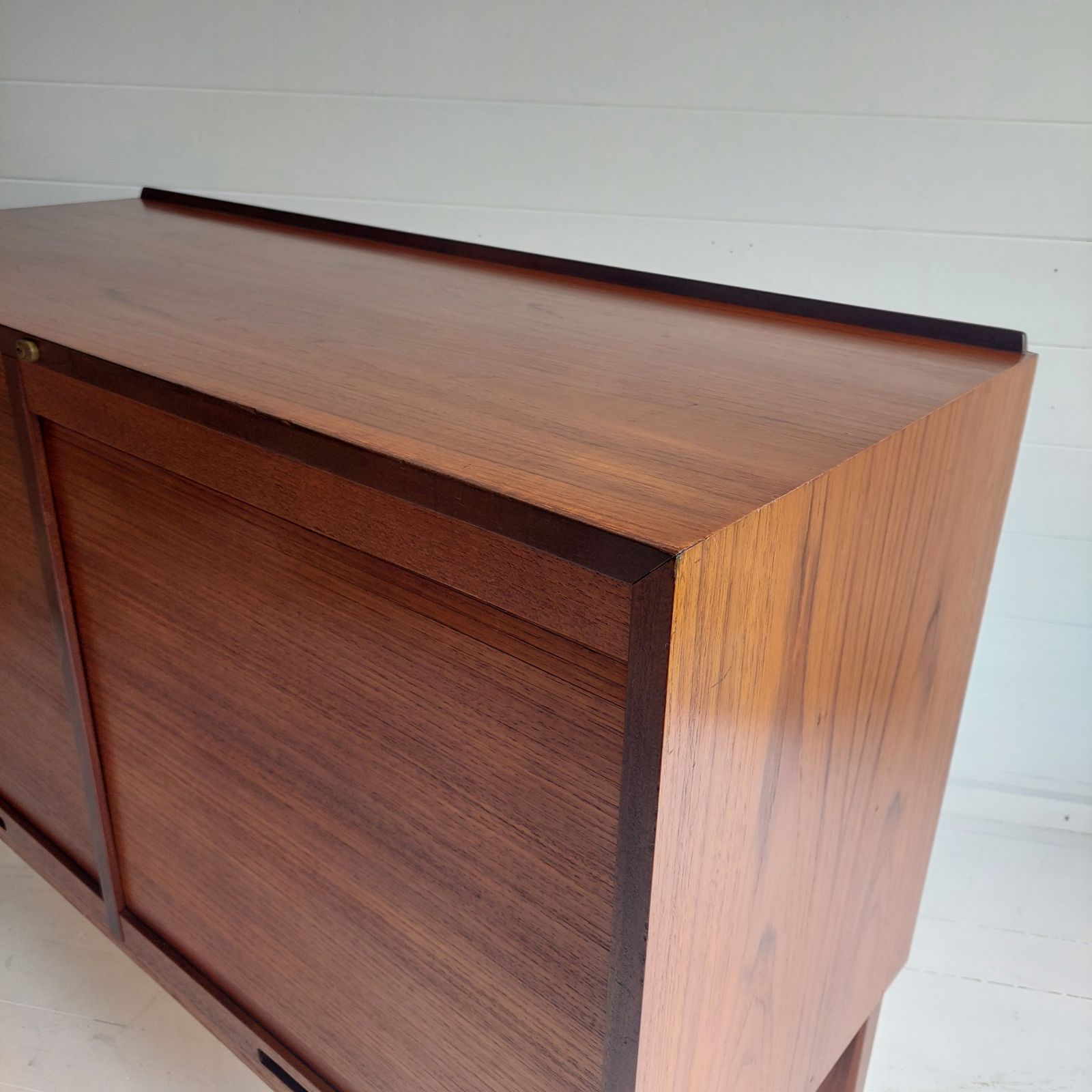 498.0 Mid Century Teak Sideboard Tambour Shutter 2 Door Cabinet, Denmark 60s 70s photo