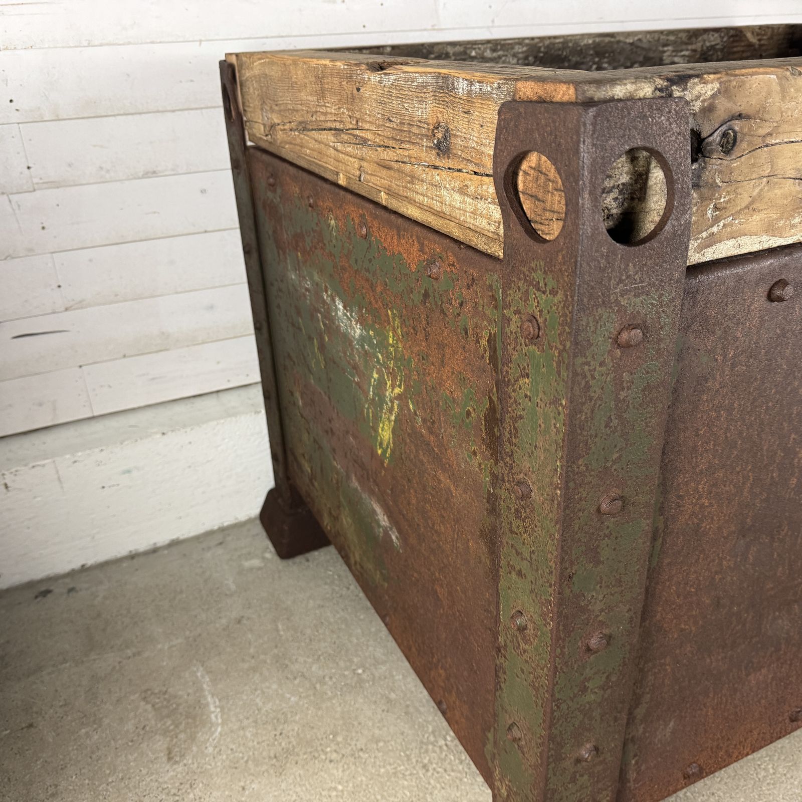 Pair Of Antique Industrial Steel Planters With Reclaimed Wood Tops photo vinterior