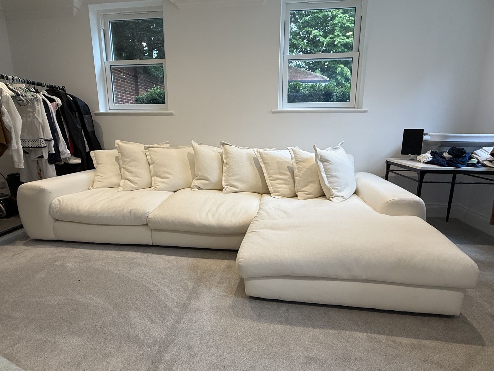 Upholstered White Modular Shape Sofa photo for sale