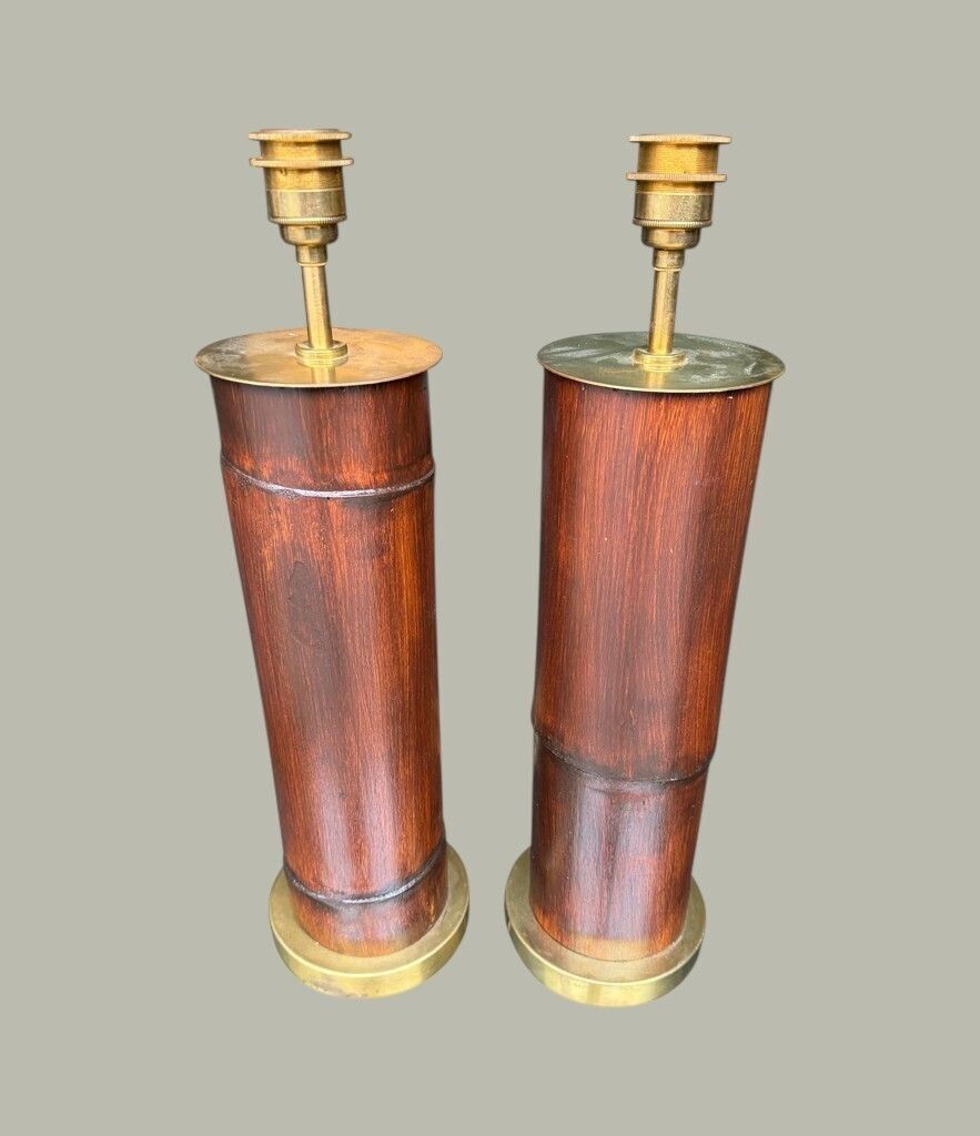A Pair Of Ivory Lacquered Real Bamboo And Brass Lamps With Bespoke Linen Shades photo buy