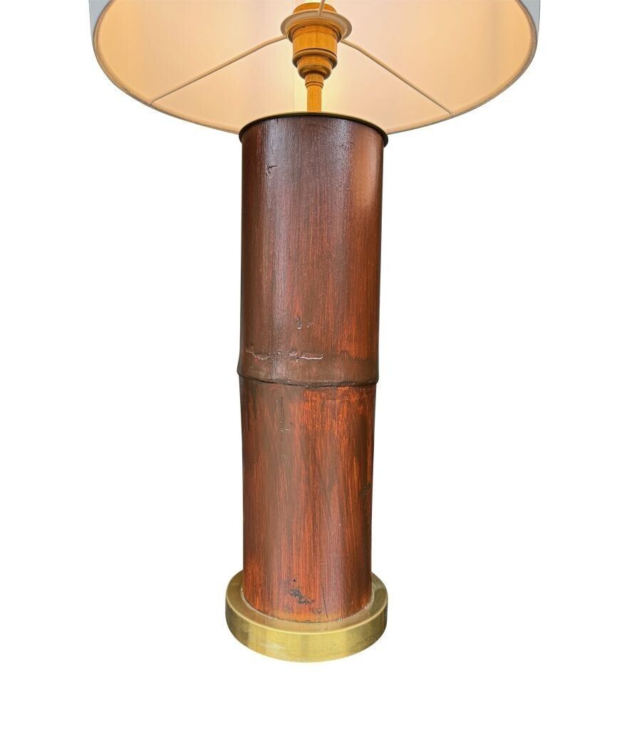 A Pair Of Ivory Lacquered Real Bamboo And Brass Lamps With Bespoke Linen Shades photo vintage