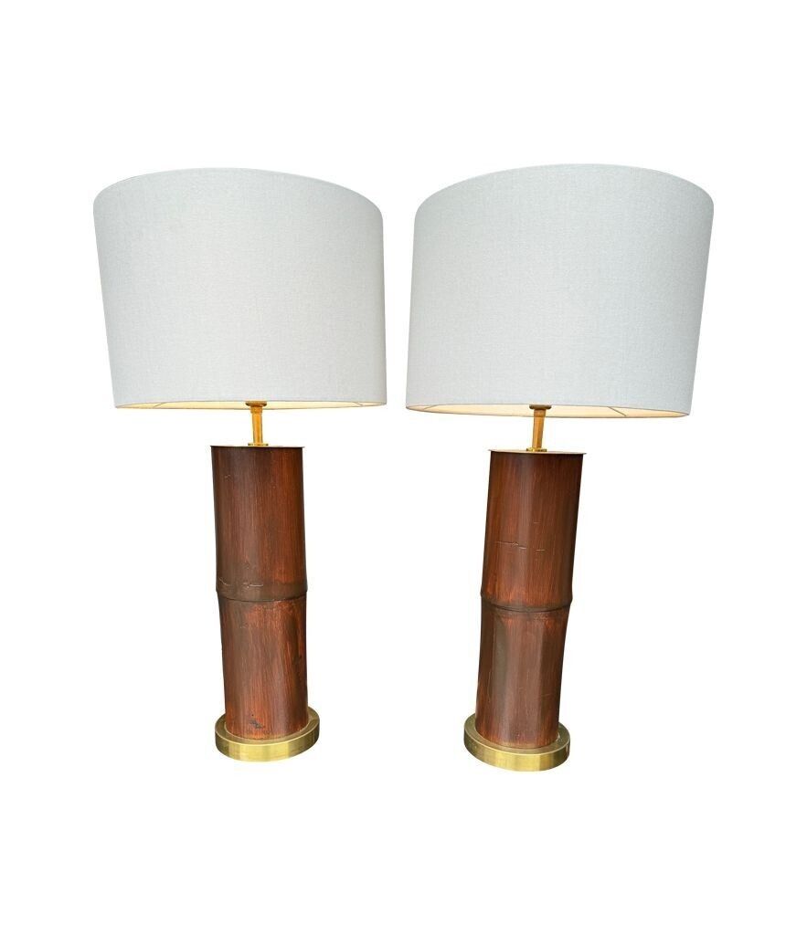 1585.0 A Pair Of Ivory Lacquered Real Bamboo And Brass Lamps With Bespoke Linen Shades photo