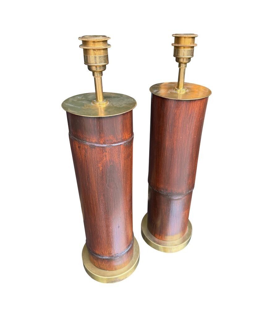 photo vinterior A Pair Of Ivory Lacquered Real Bamboo And Brass Lamps With Bespoke Linen Shades