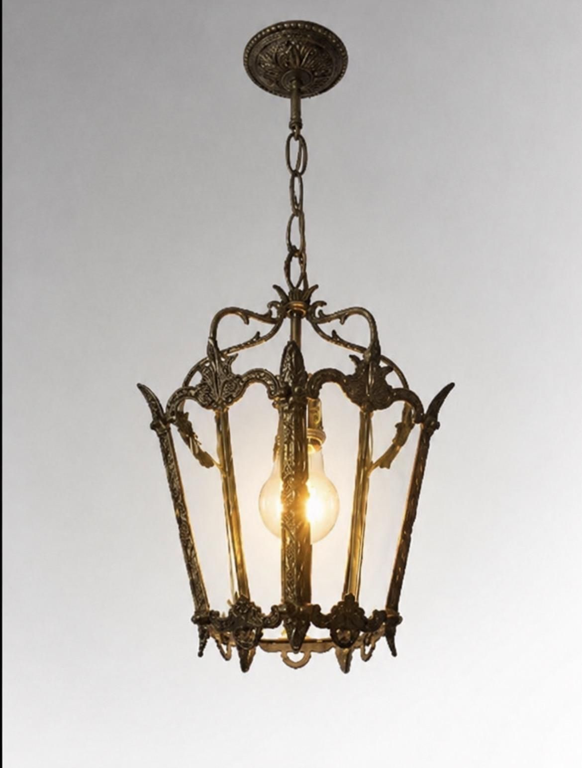Antique Brass Hanging Lanterns Pair Ceiling Lights photo vintage