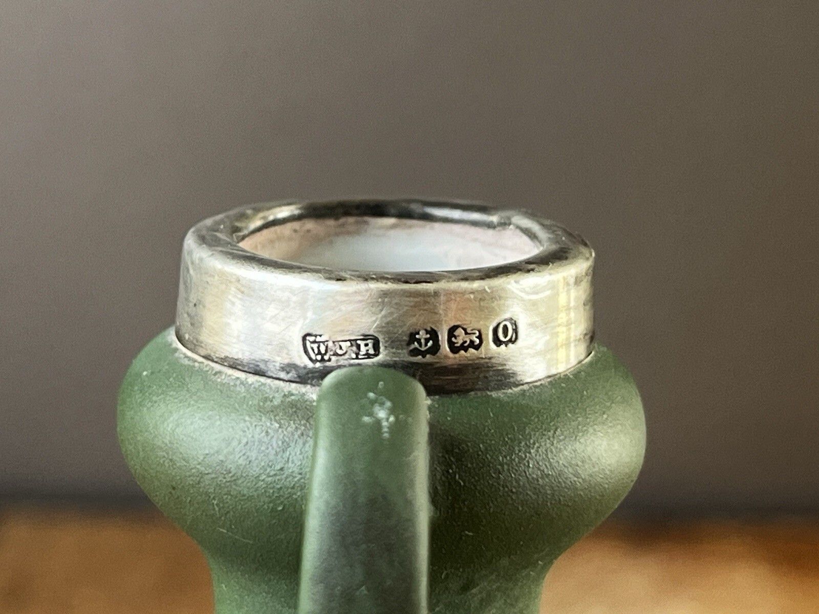 photo for sale Pair Of Antique Schafer & Vater Sterling Silver Collar Jasperware Bud Vases Urns
