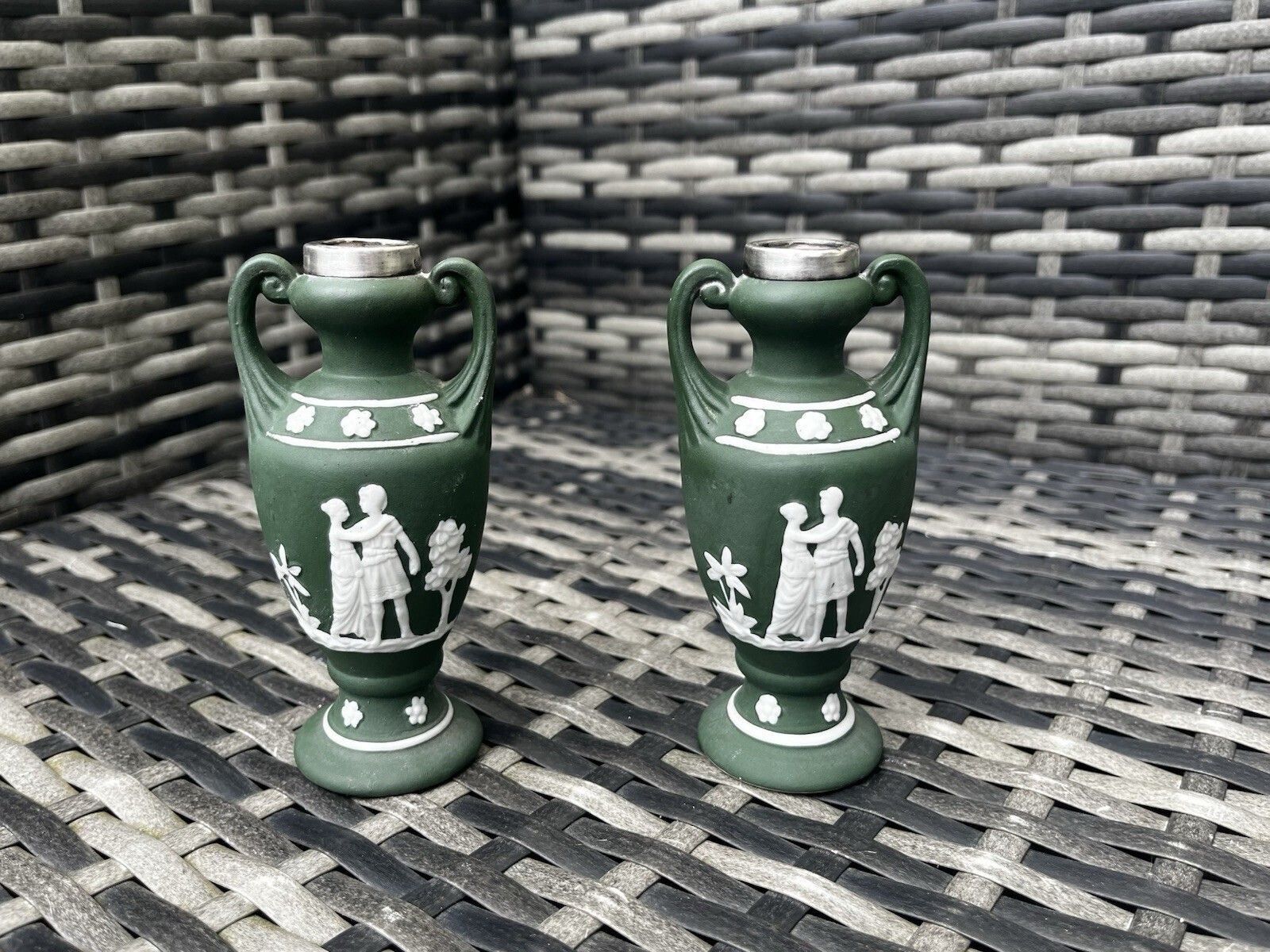 Home Decor Pair Of Antique Schafer & Vater Sterling Silver Collar Jasperware Bud Vases Urns photo