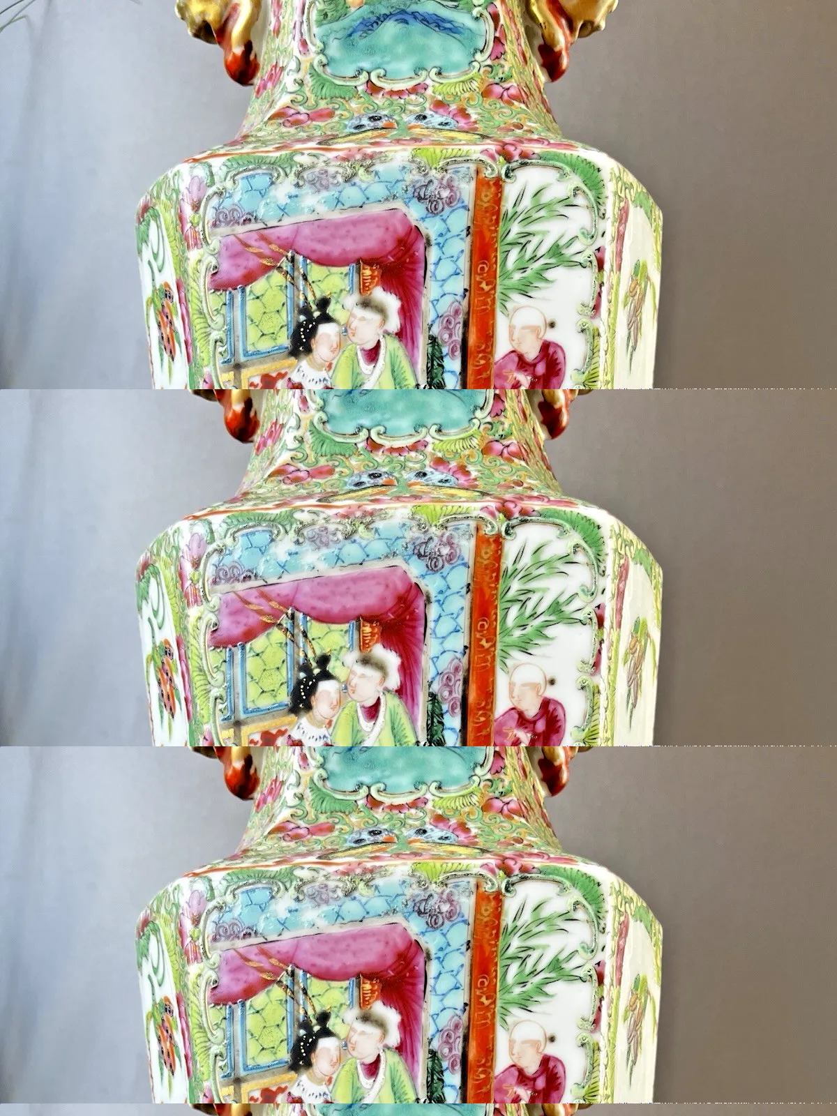 Antique Chinese Famille Rose Hexagonal Vase Figural Bird Butterfly Court Scenes photo for sale