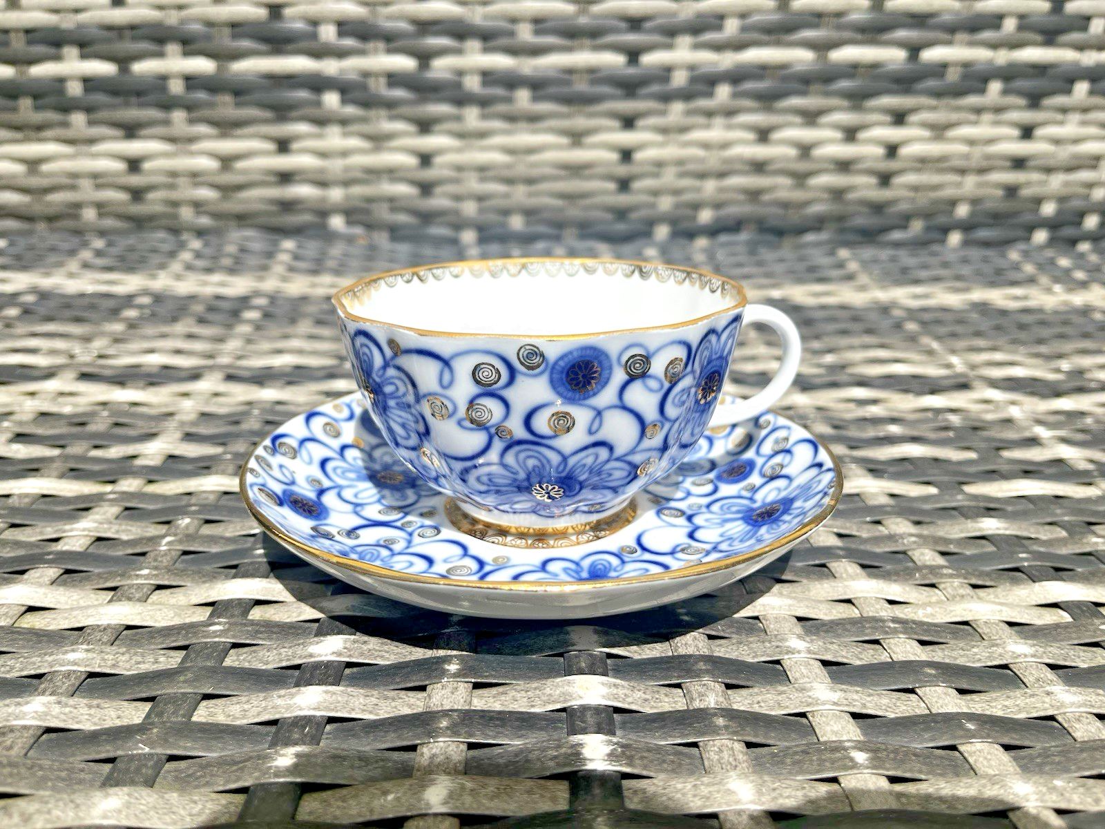 1 Russian China Lomonosov Bindweed Winding Twig Blue White Cabinet Cup & Saucer photo for sale