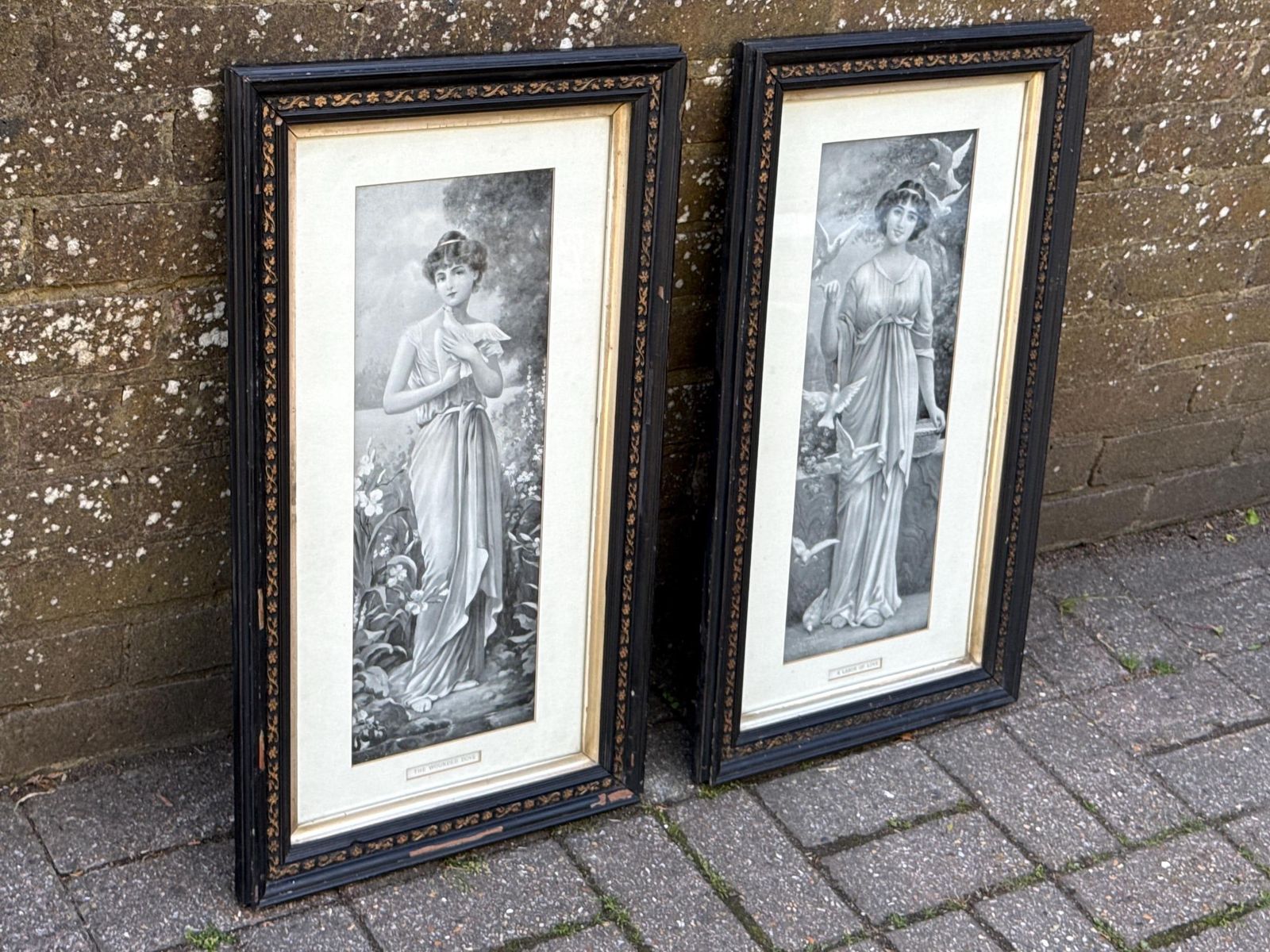 Pair Victorian Ebonised Framed Classical Lady Prints With Gilded Detail photo for sale