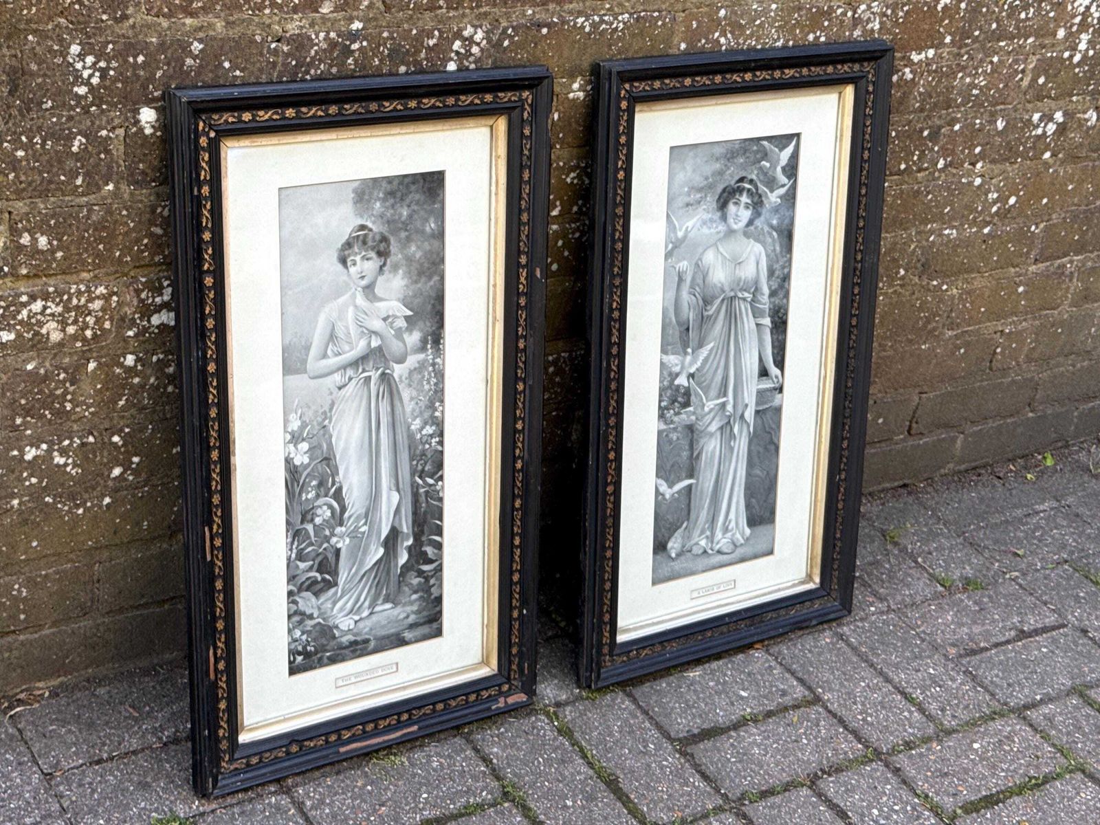 photo for sale Pair Victorian Ebonised Framed Classical Lady Prints With Gilded Detail