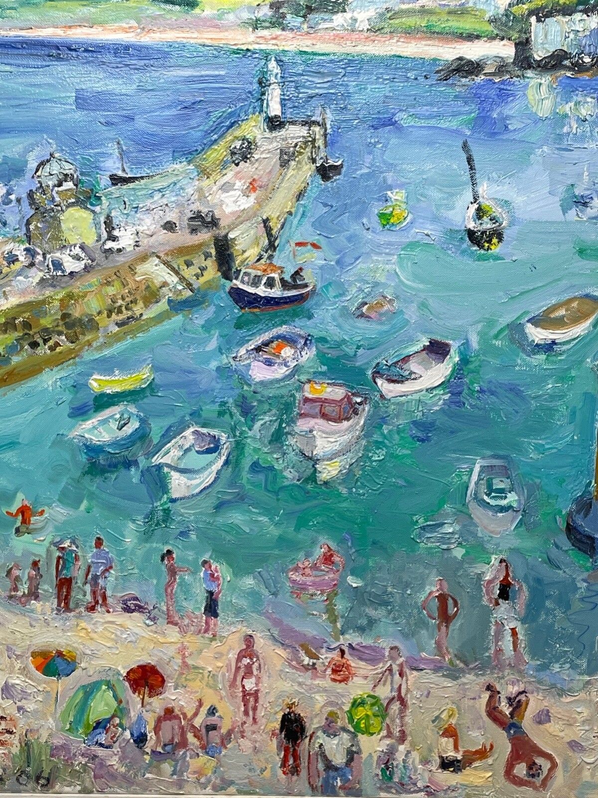 Expressionistisch olieschilderij St Ives Smeaton's Pier Beach Shore Cornwall, gesigneerd door Linda Weir photo furniture