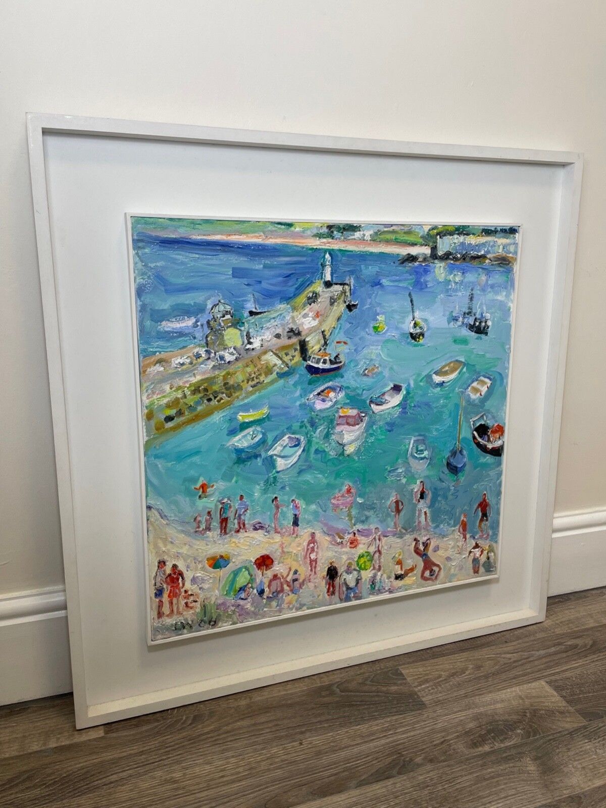Expressionist Oil Painting St Ives Smeaton's Pier Beach Shore Cornwall Signed By Linda Weir photo for sale
