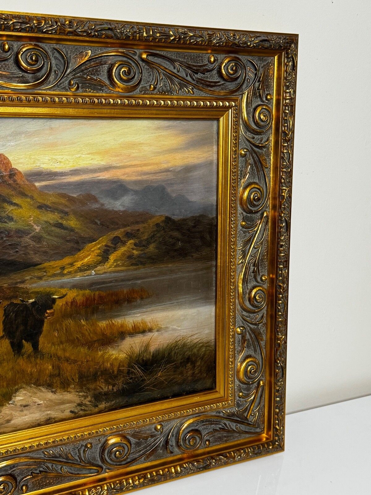 19e-eeuws olieverfchilderij Longhorn Cattle West Scottish Highlands, gesigneerd door Gustave De Brianski photo Kunst