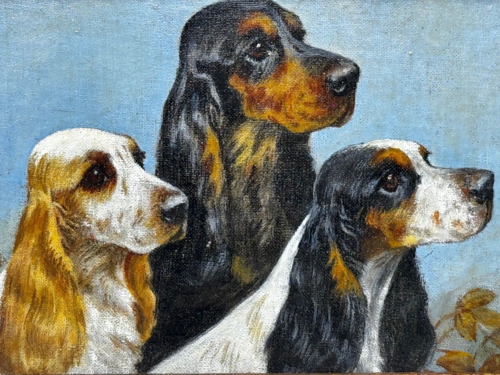 Mid Century dierenschilderij in olieverf, The Faithful Companions, trio van cocker spaniëls, in de stijl van Maud Alice Earl photo furniture