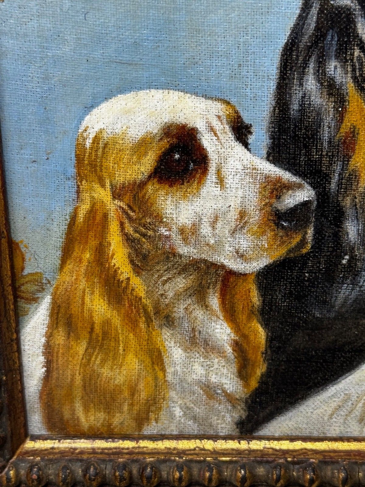 photo furniture Mid Century dierenschilderij in olieverf, The Faithful Companions, trio van cocker spaniëls, in de stijl van Maud Alice Earl