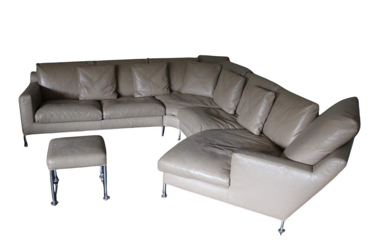 B&B Italia Harry 6 Seat L Shape Chaise End Sofa & Ottoman In Pale Brown Gamma Leather