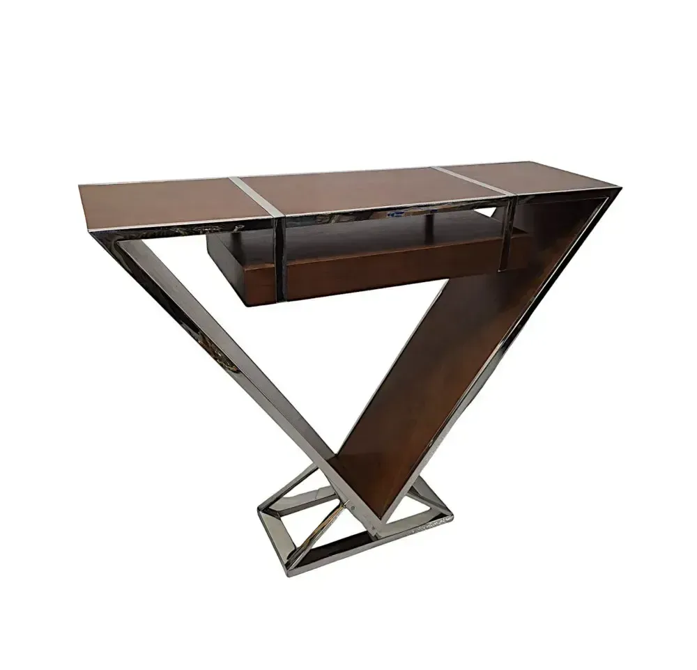 Art Deco Design Driehoekige Consoletafel in Walnoot en Chroom photo buy