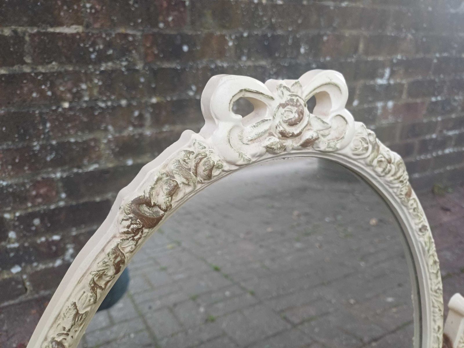 Unusually Large Vintage Triple Dressing Table Mirror Ornate Cream Gold Ribbon Composite Vanity Mirror Rococo Style Boudoir Mirror photo for sale