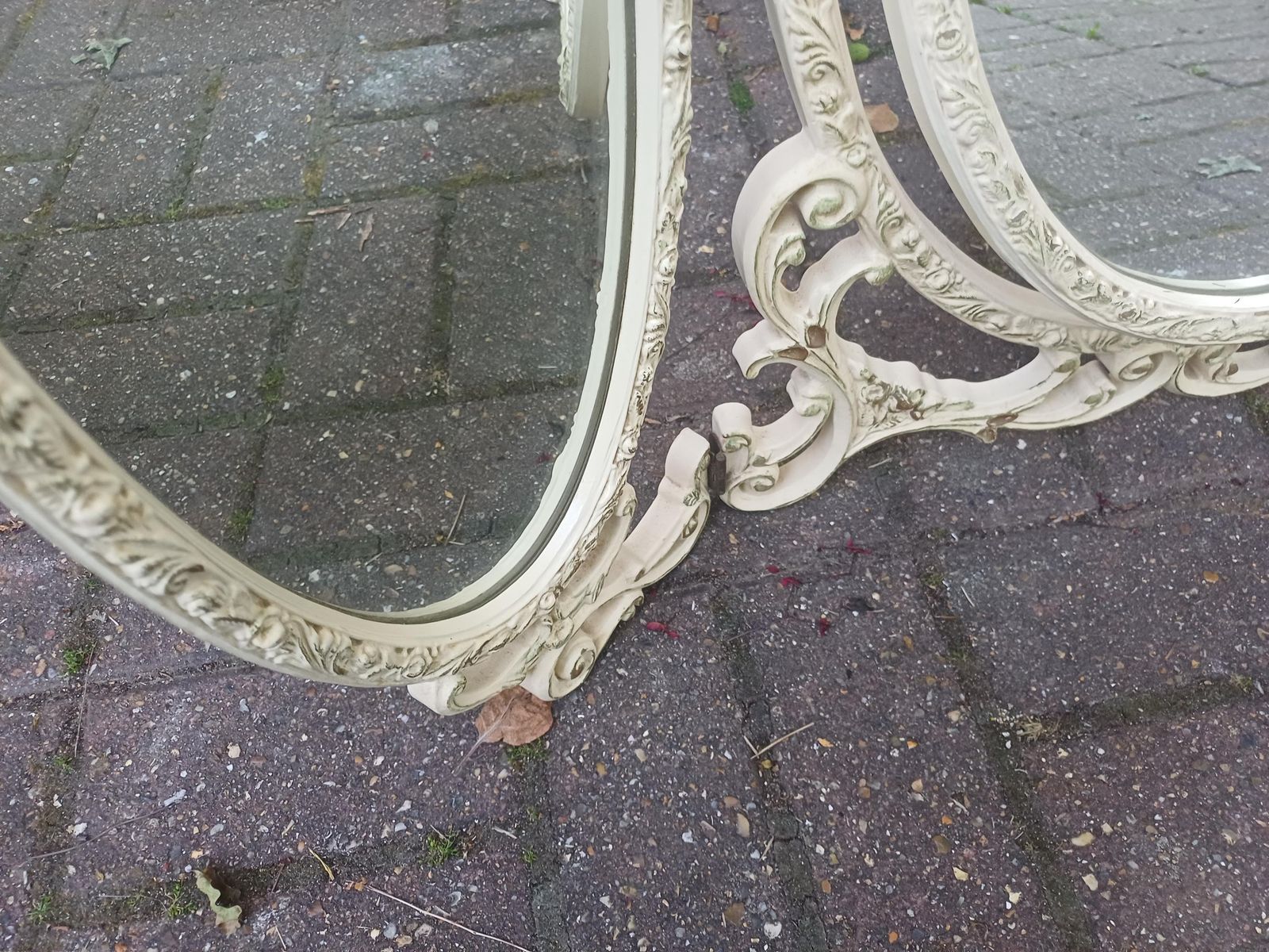 Unusually Large Vintage Triple Dressing Table Mirror Ornate Cream Gold Ribbon Composite Vanity Mirror Rococo Style Boudoir Mirror photo Home Decor