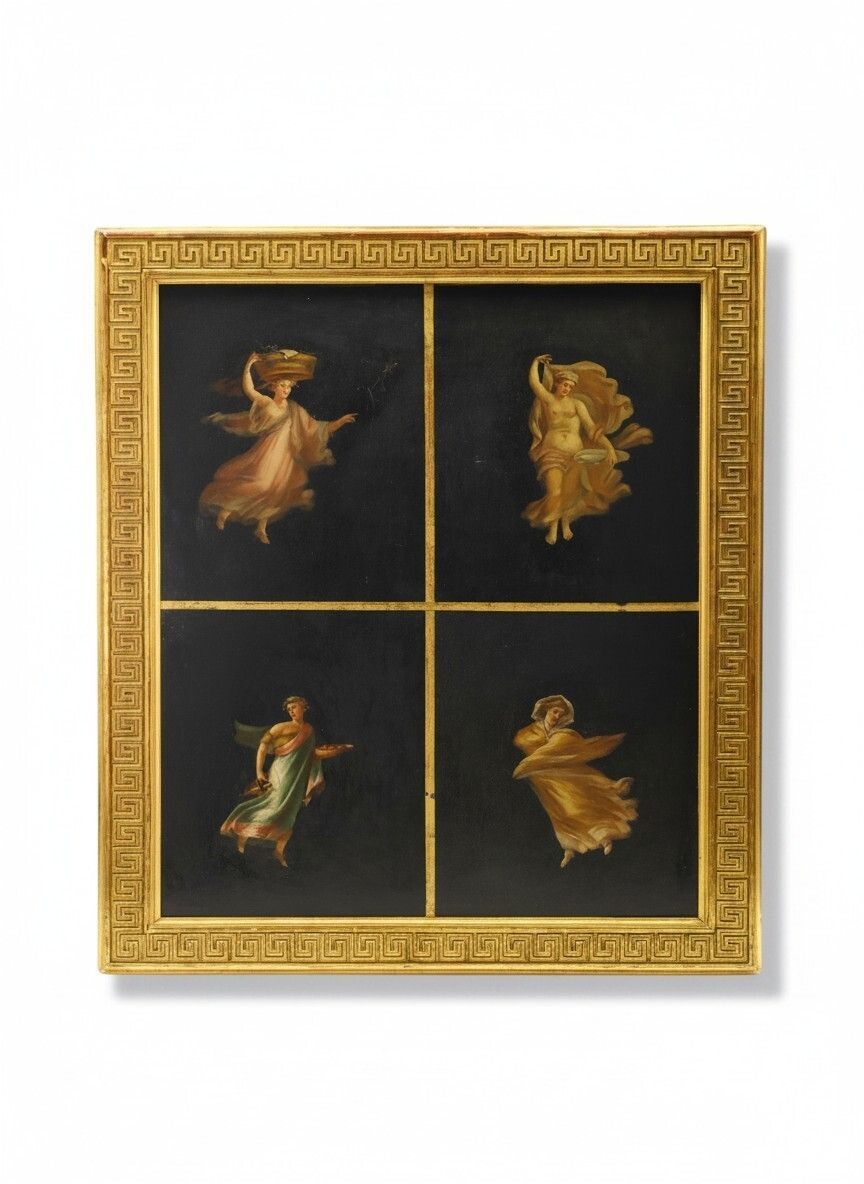 19th Century Neoclassical Oil Painting Of Dancing Nymphs, Gilt Greek Key Frame