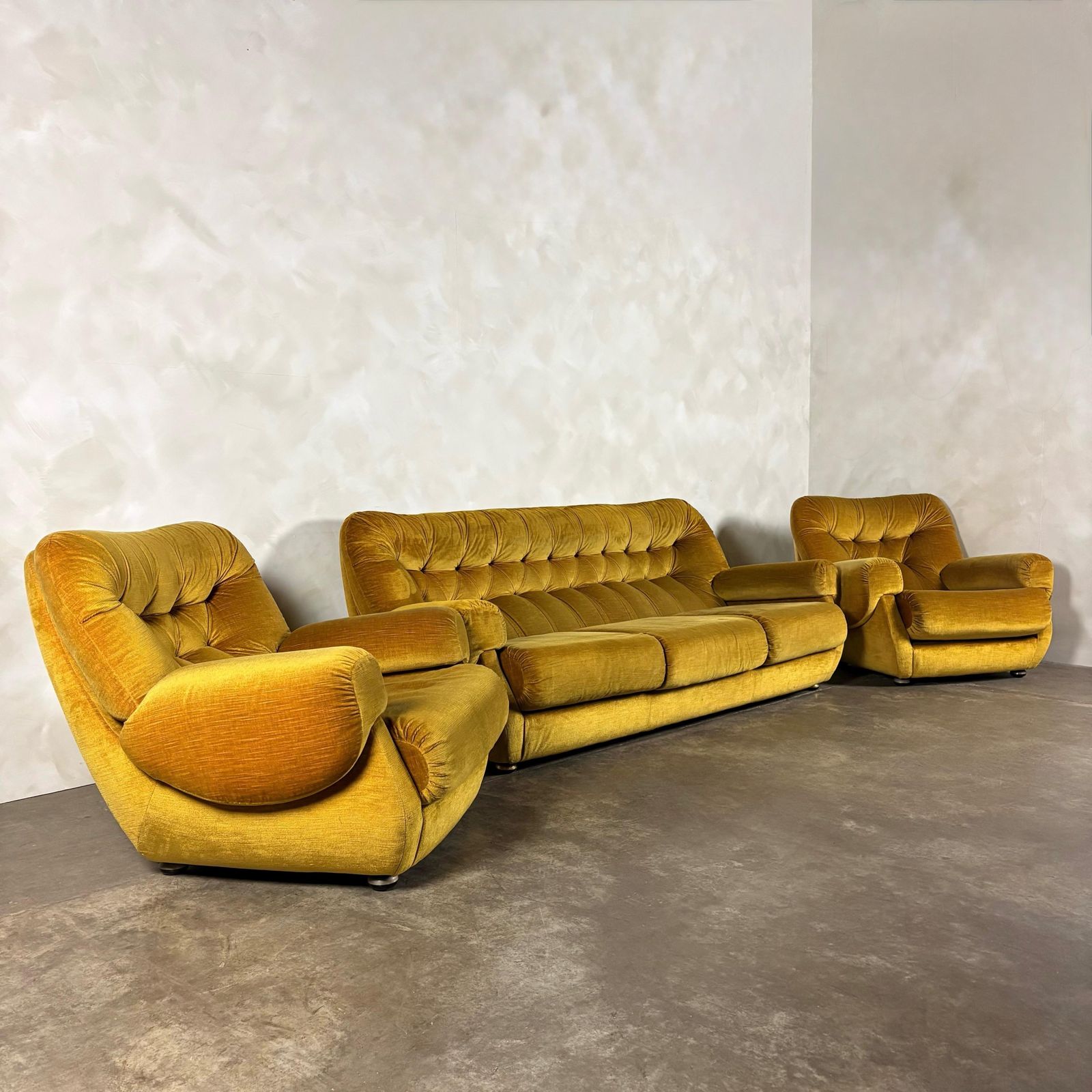 Mid Century G Plan Georgina Yellow Three Seater Sofa & Matching Pair Of Armchairs Yellow Velvet Retro Mcm photo vintage