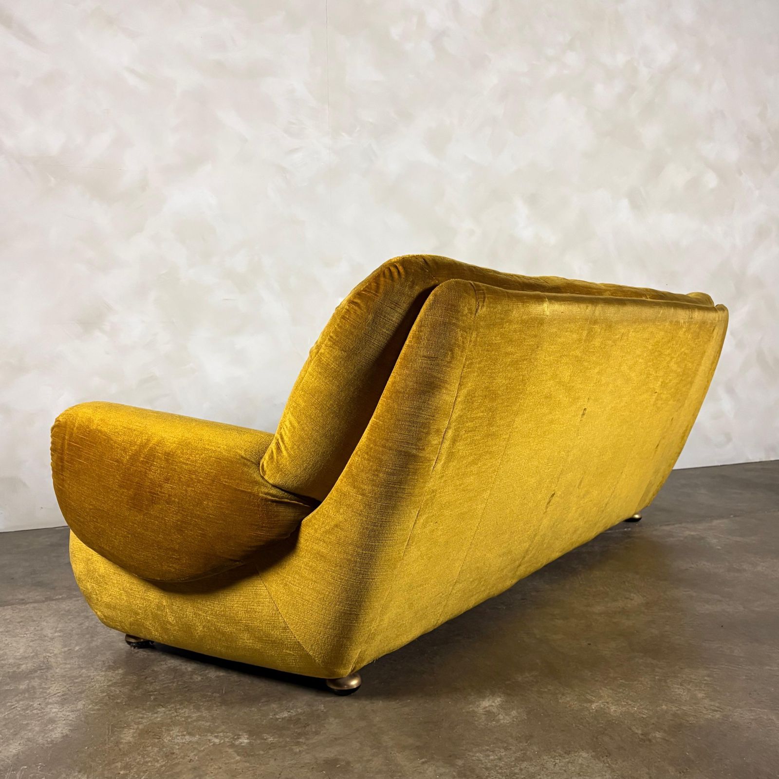 photo for sale Mid Century G Plan Georgina Yellow Three Seater Sofa & Matching Pair Of Armchairs Yellow Velvet Retro Mcm
