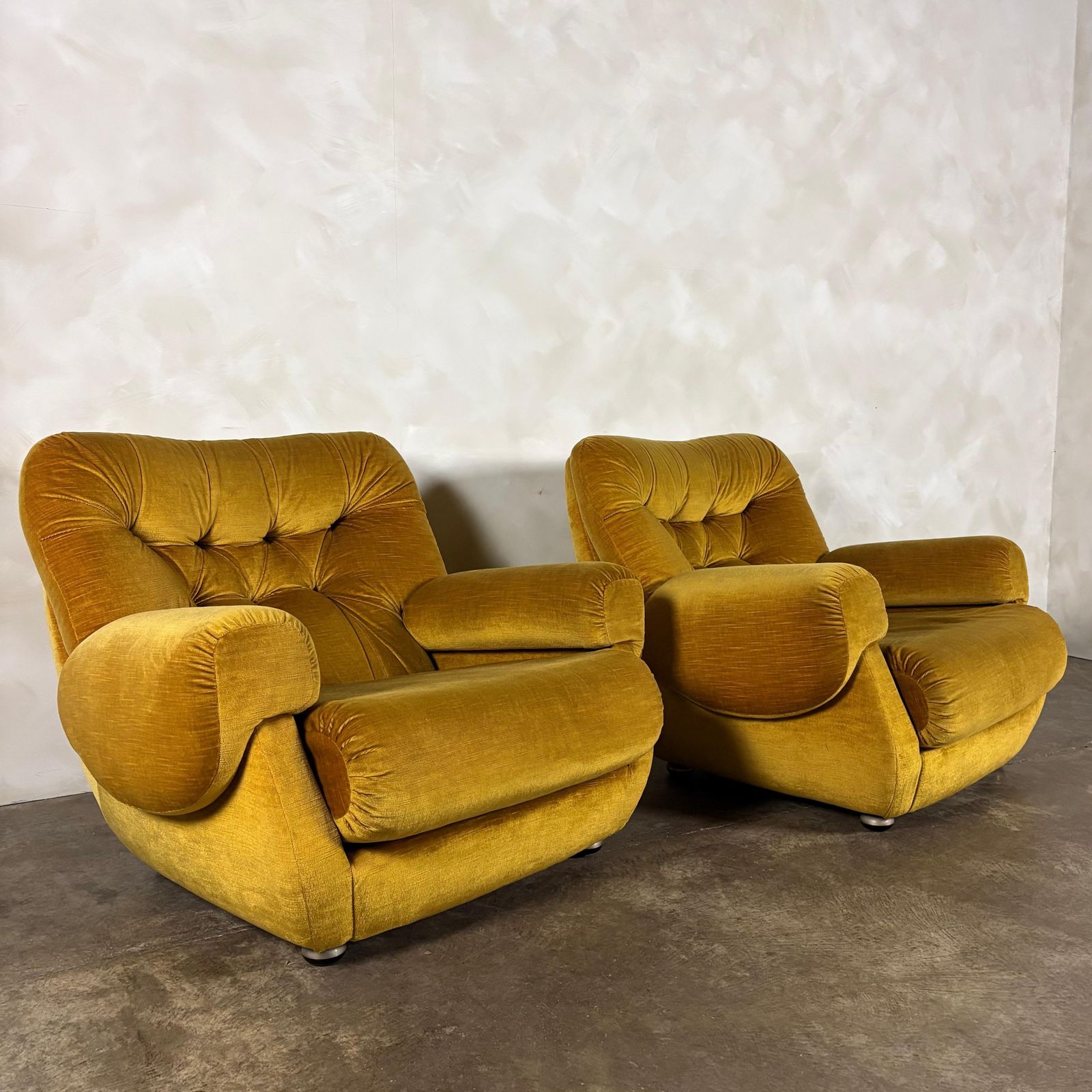 2995.0 Mid Century G Plan Georgina Yellow Three Seater Sofa & Matching Pair Of Armchairs Yellow Velvet Retro Mcm photo