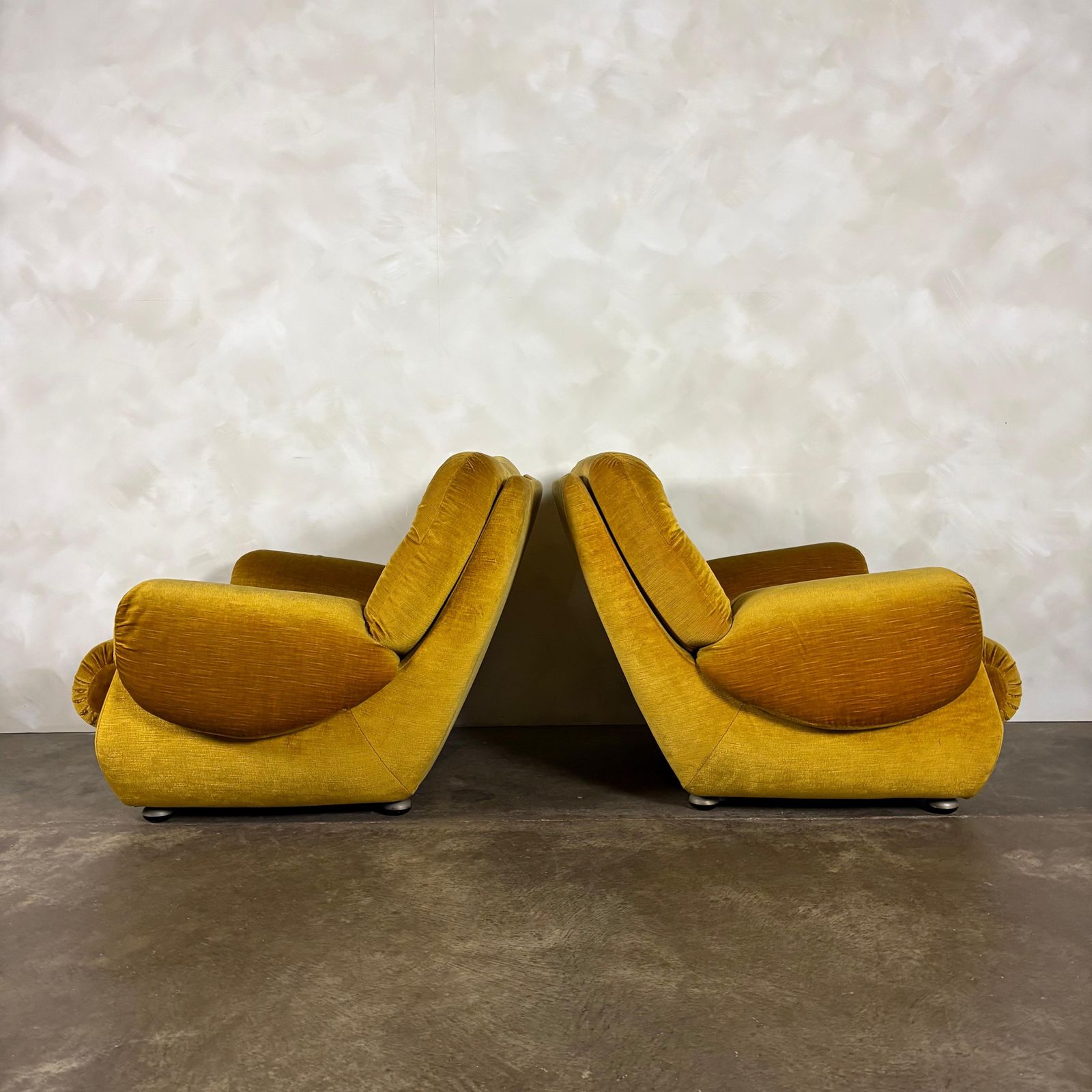 photo buy Mid Century G Plan Georgina Yellow Three Seater Sofa & Matching Pair Of Armchairs Yellow Velvet Retro Mcm