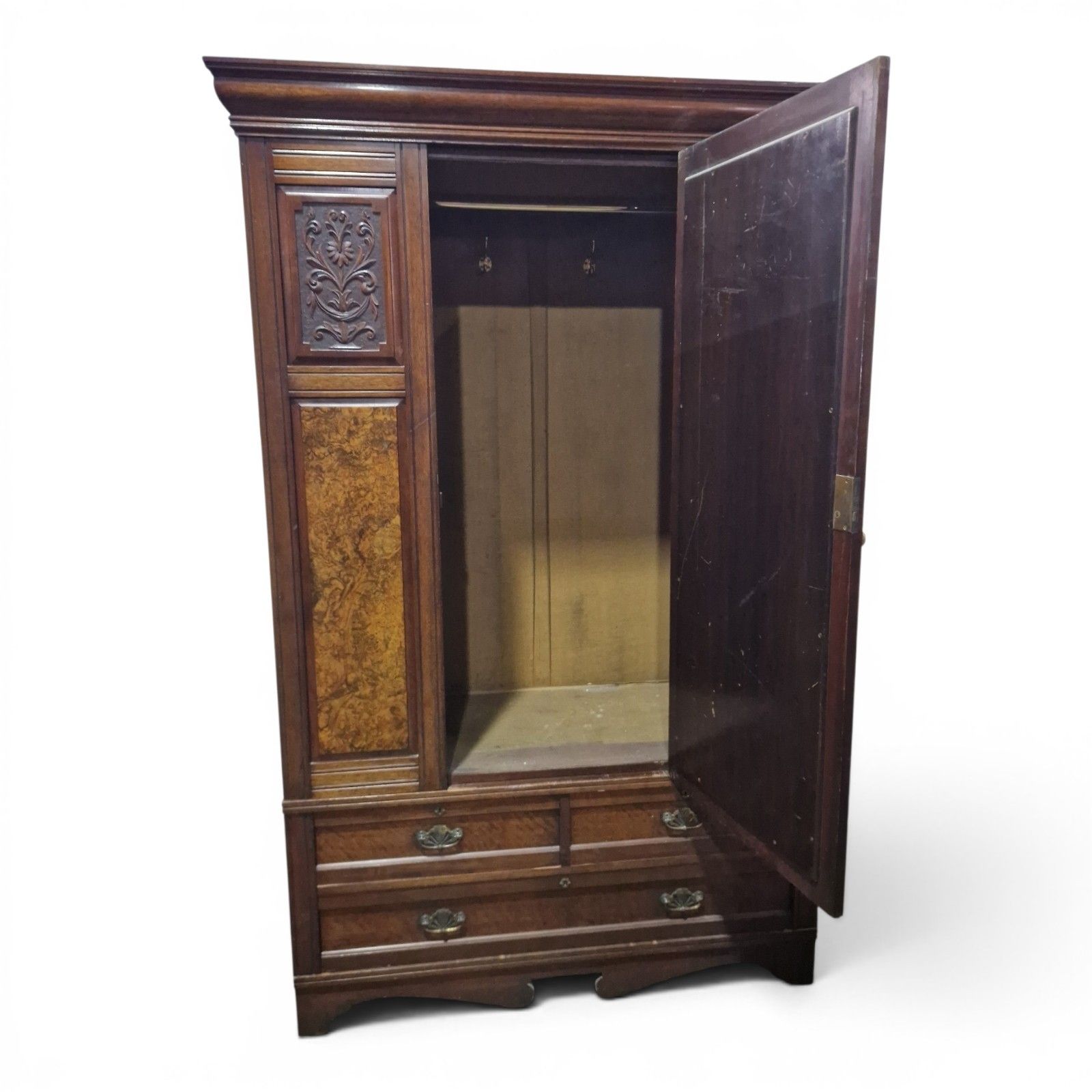 Antique Victorian Carved Walnut Single Wardrobe Mirrored Door Burr Armoire photo for sale