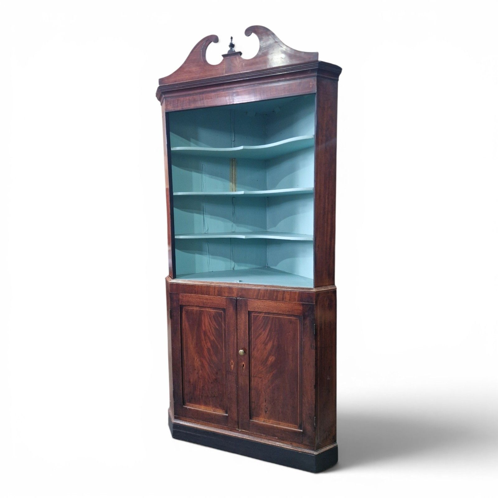 Antique Inlaid Mahogany Corner Cabinet Display Shelves Double Cupboard Bookcase photo 145.0